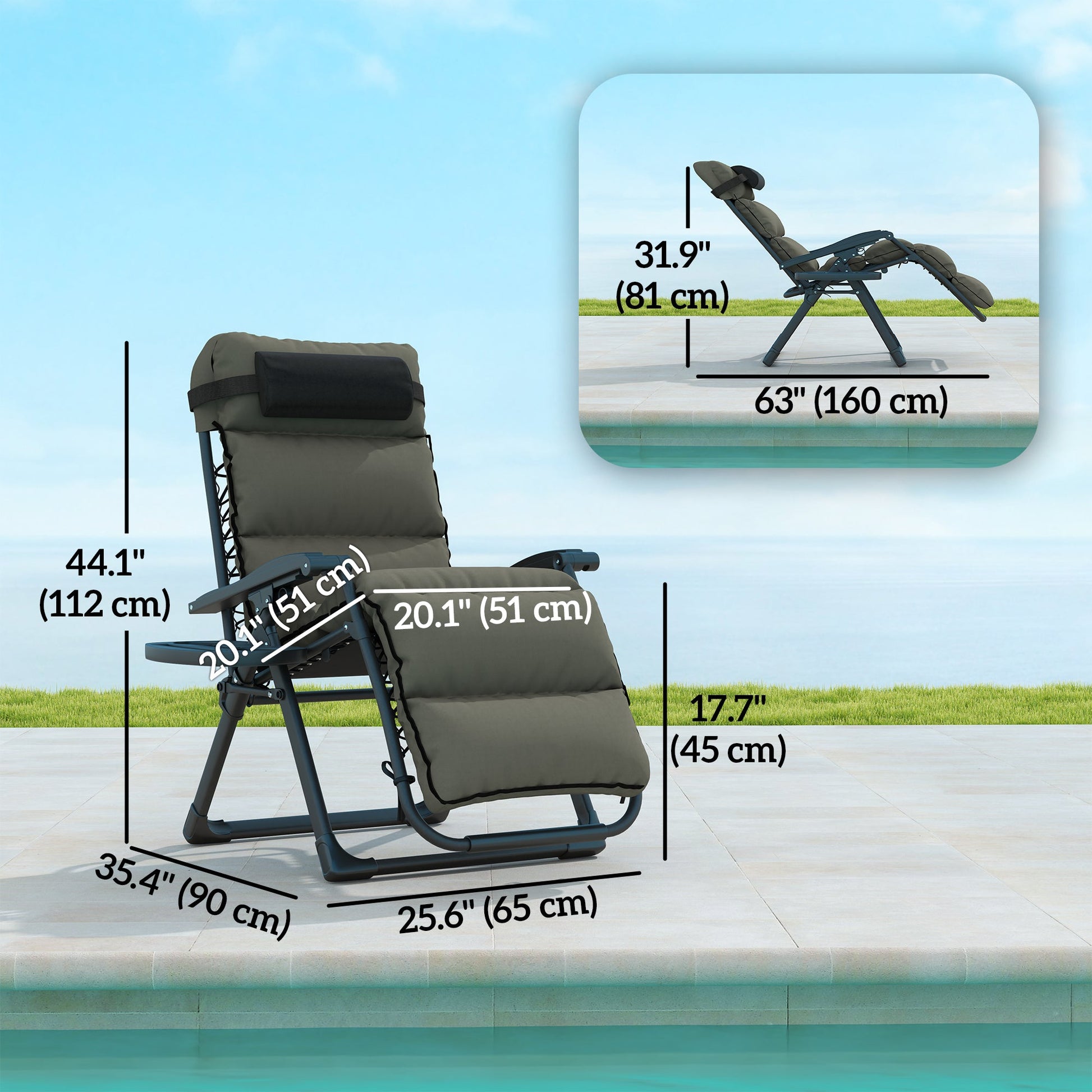 Reclining Zero Gravity Chair with Adjustable Backrest, Folding Garden Sun Lounger with Removable Cushion, Headrest Cup Phone Holder Tray, Set of 2, Grey