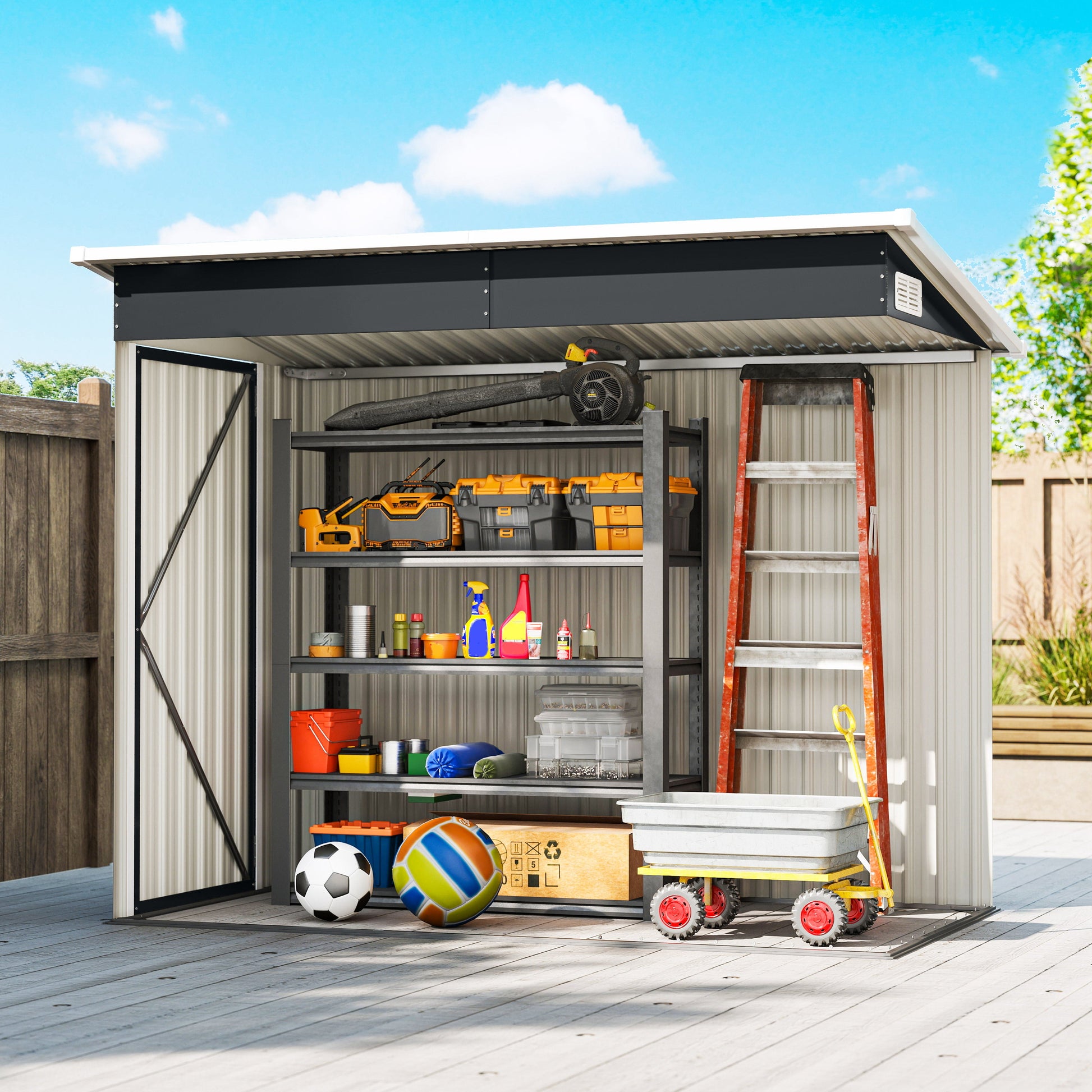 7.5' x 4.3' Outdoor Storage Shed, Waterproof Metal Garden Shed with Gloves, Lockable Doors, Vents and Pitched Roof for Backyard, Patio, Lawn, Poolside, Dark Grey