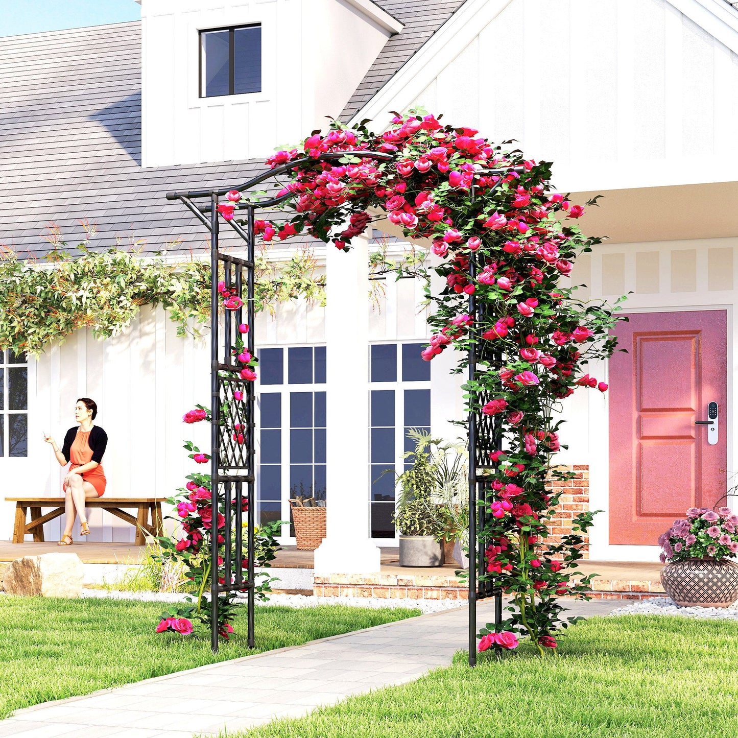 7.5ft Garden Arch, PE-Coated Steel Outdoor Trellis Arbor with Extended Upturned Top for Climbing Plants, Wedding Arch for Party Outdoor Garden Backyard, Black