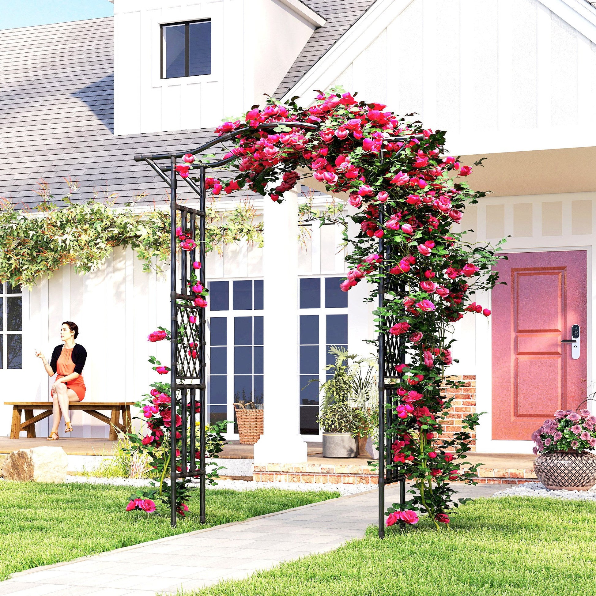 7.5ft Garden Arch, PE-Coated Steel Outdoor Trellis Arbor with Extended Upturned Top for Climbing Plants, Wedding Arch for Party Outdoor Garden Backyard, Black