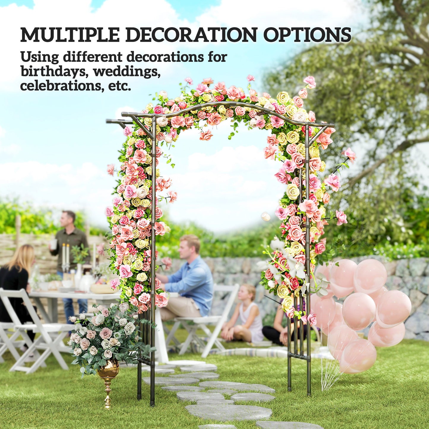 7.5ft Garden Arch, PE-Coated Steel Outdoor Trellis Arbor with Extended Upturned Top for Climbing Plants, Wedding Arch for Party Outdoor Garden Backyard, Black