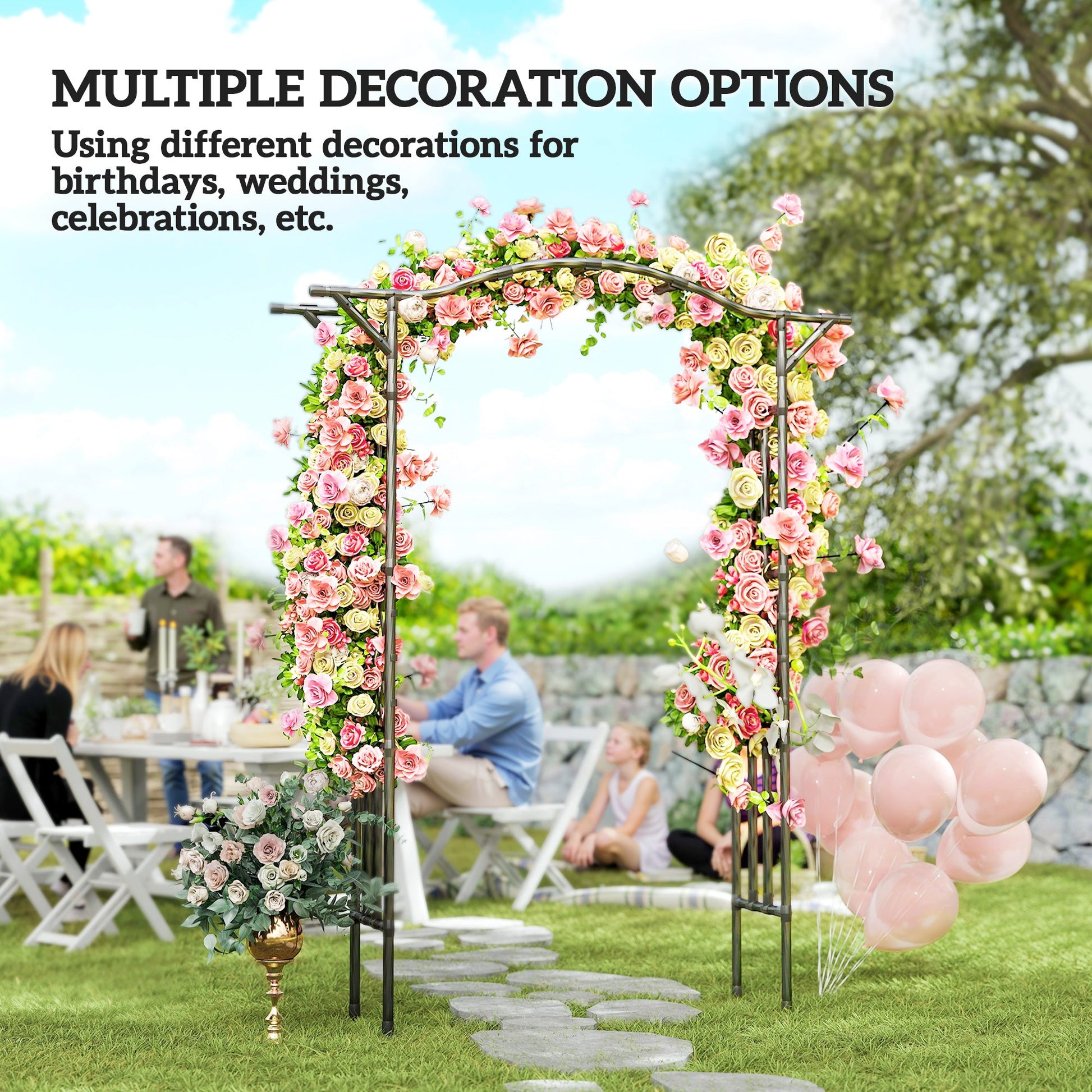 7.5ft Garden Arch, PE-Coated Steel Outdoor Trellis Arbor with Extended Upturned Top for Climbing Plants, Wedding Arch for Party Outdoor Garden Backyard, Black