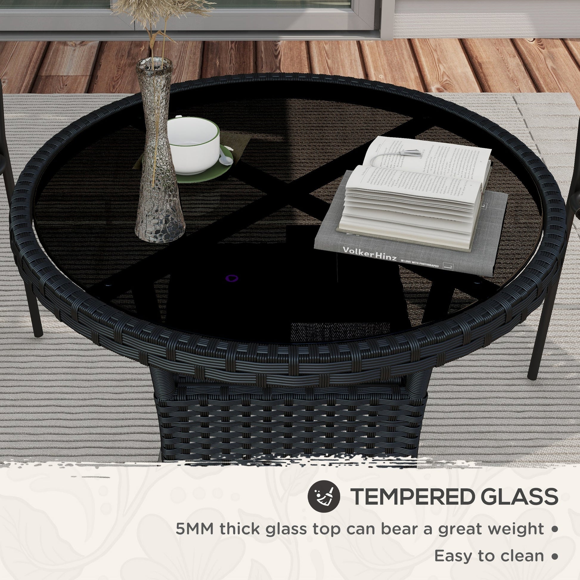 Φ31.5" Outdoor Wicker Dining Table, PE Rattan Patio Furniture with 2-Tier Storage Shelf, Metal Frame Round Garden Table with Glass Top Table, Black