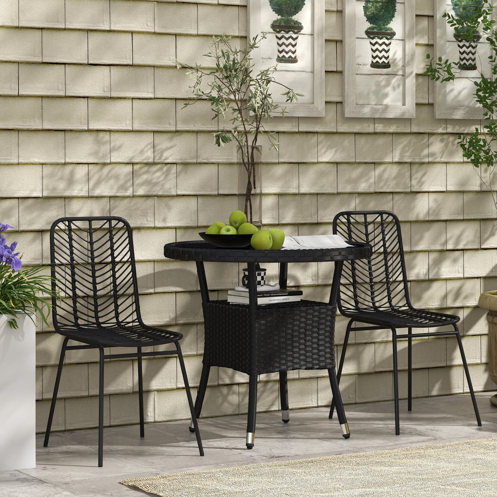 Φ31.5" Outdoor Wicker Dining Table, PE Rattan Patio Furniture with 2-Tier Storage Shelf, Metal Frame Round Garden Table with Glass Top Table, Black