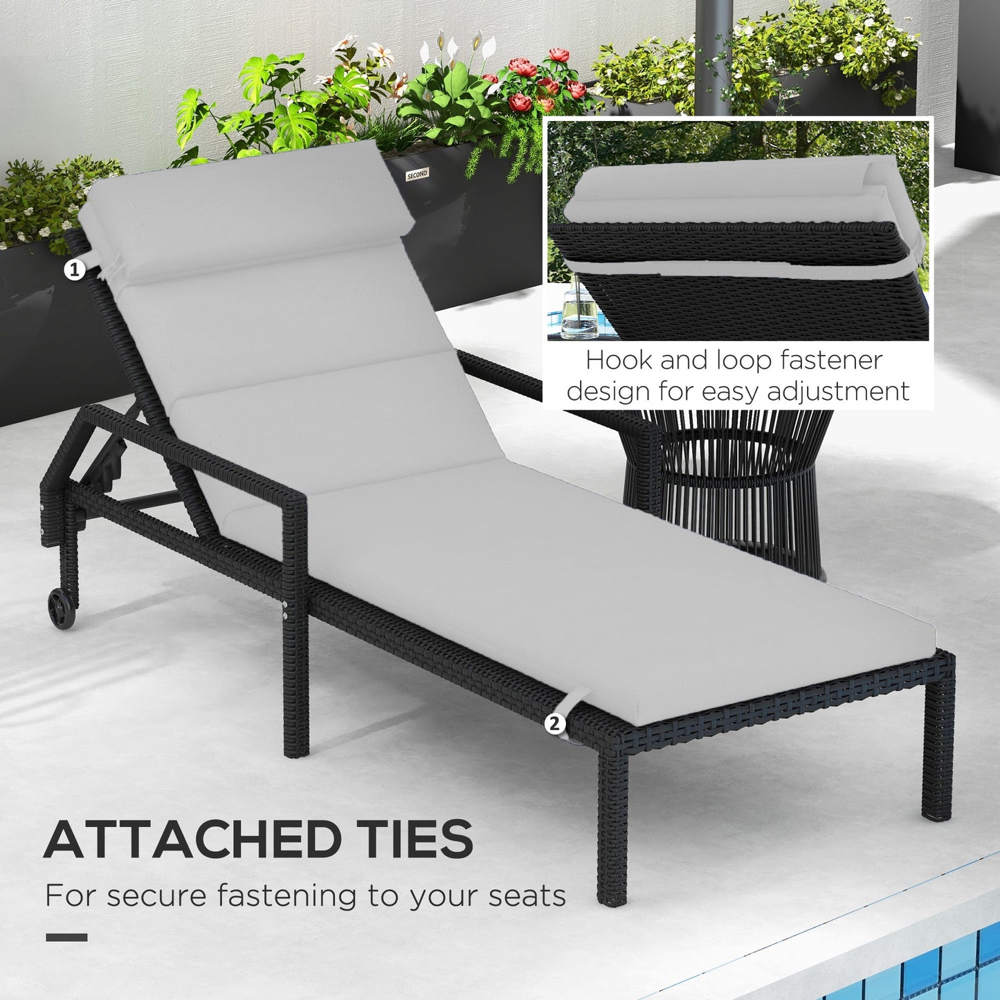 Outdoor Lounge Chair Cushion, Patio Chaise Lounge Cushion with Headrest and Ties, Water Resistant Replacement Sun Lounger Seat Pads, Light Grey
