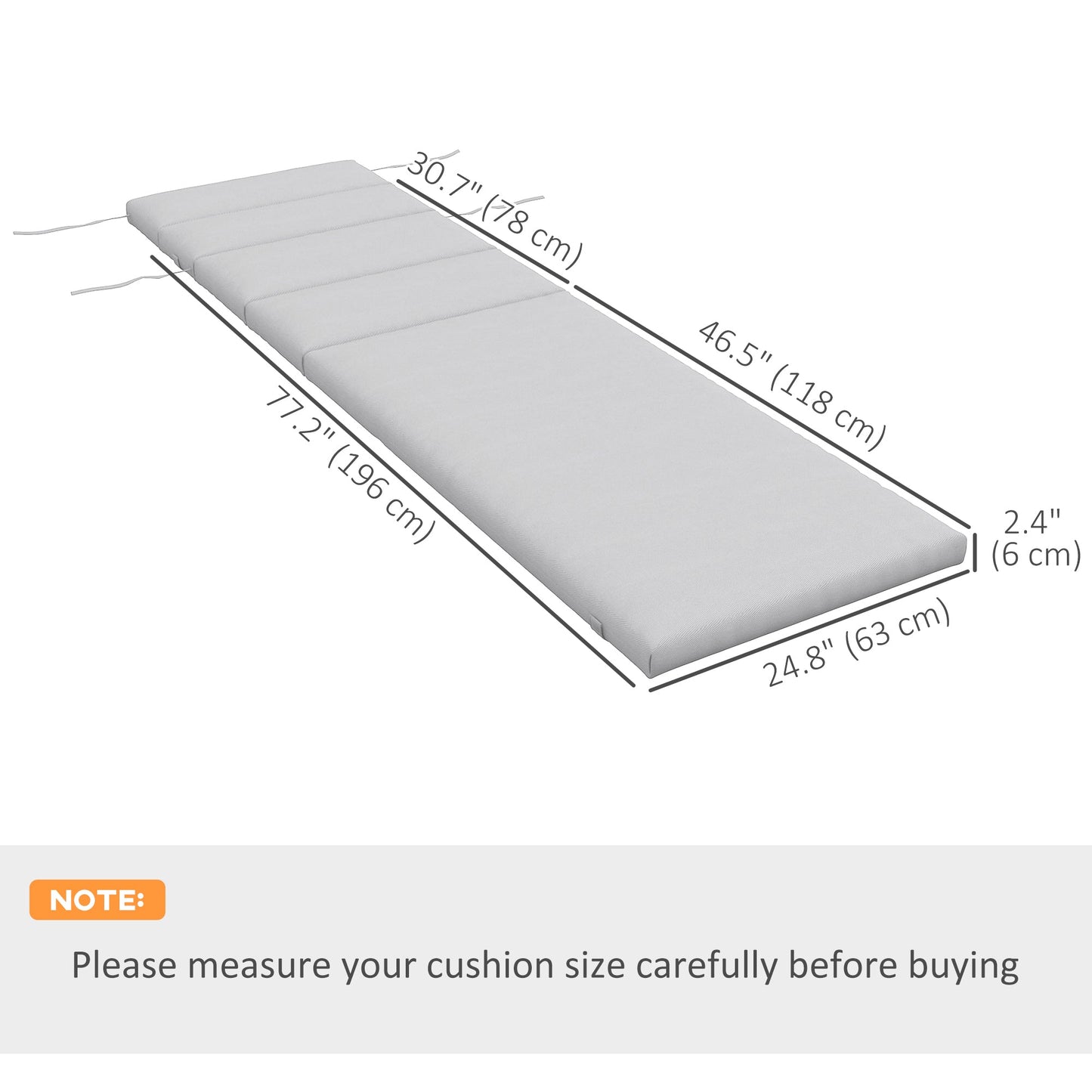 Outdoor Lounge Chair Cushion, Patio Chaise Lounge Cushion with Headrest and Ties, Water Resistant Replacement Sun Lounger Seat Pads, Light Grey