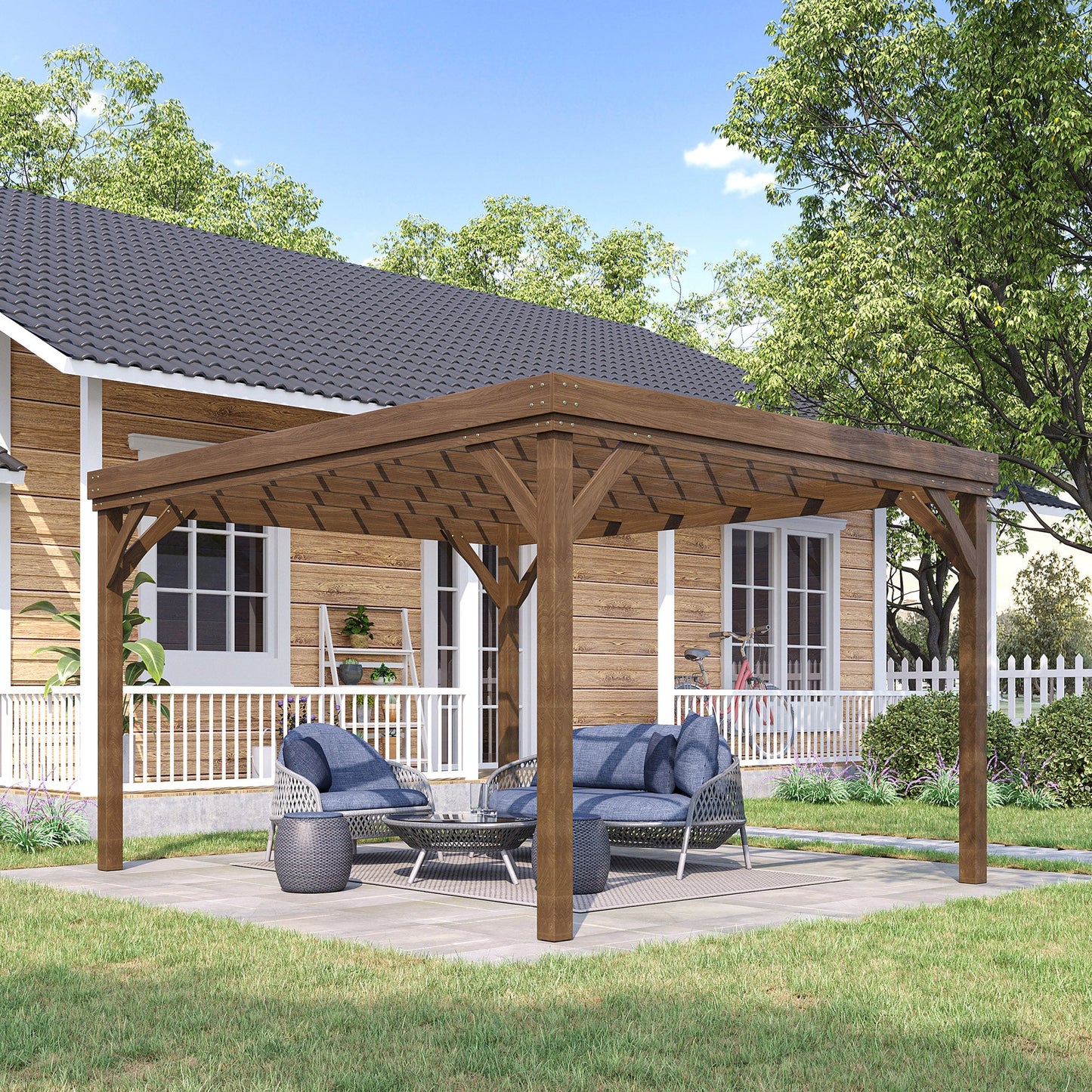 10' x 12' Outdoor Pergola, Wood Gazebo Grape Trellis with Stable Structure and Concrete Anchors, for Climbing Plant Support, Garden, Patio, Backyard, Deck, Brown