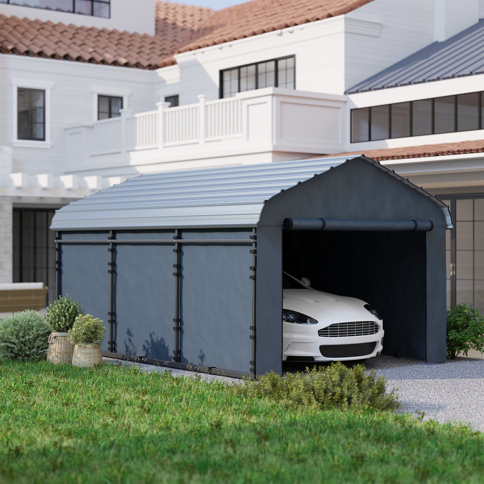 10' x 15' x 8' Heavy Duty Metal Carport, Waterproof Car Shelter Garage Canopy with Galvanized Metal Roof and Removable Sidewalls for Cars, Boats, Trucks and Tractors