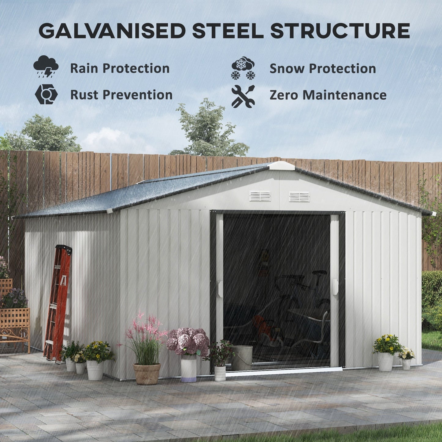 11' x 13' Garden Storage Shed with Foundation Kit, Metal Tool Storage House with Double Doors for Outdoor Patio Yard, White
