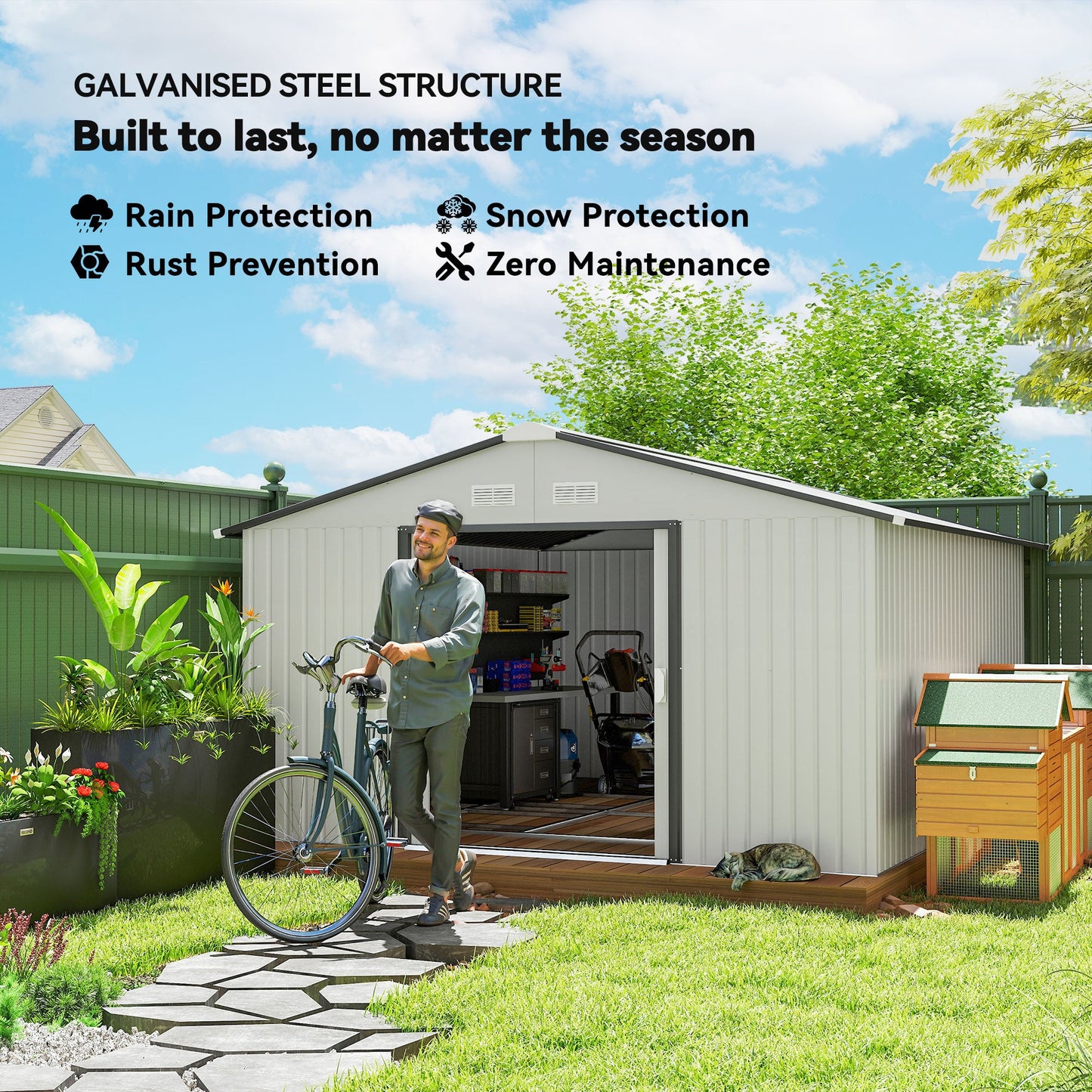 11' x 13' Garden Storage Shed with Foundation Kit, Metal Tool Storage House with Double Doors for Outdoor Patio Yard, White