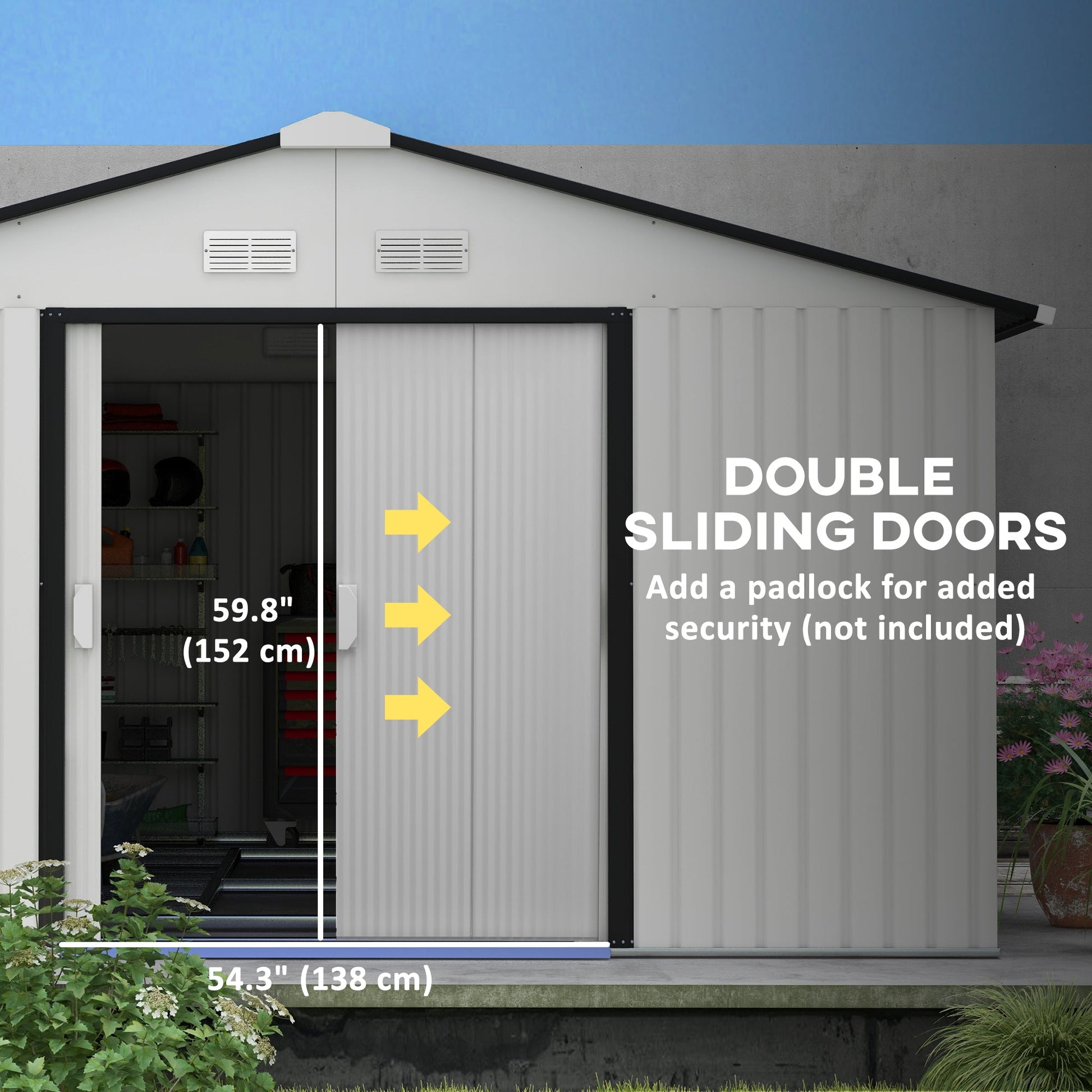 11' x 13' Garden Storage Shed with Foundation Kit, Metal Tool Storage House with Double Doors for Outdoor Patio Yard, White