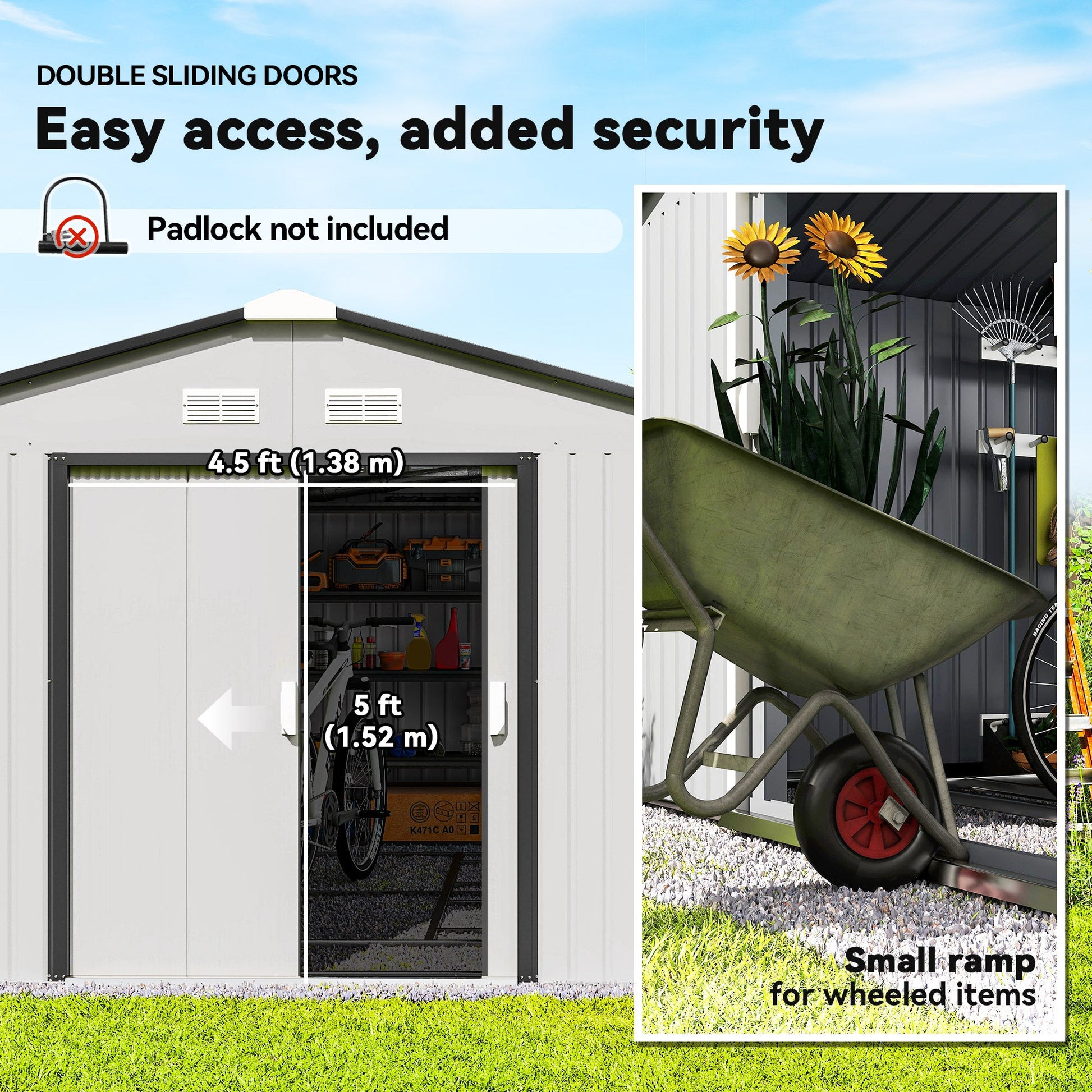11' x 13' Garden Storage Shed with Foundation Kit, Metal Tool Storage House with Double Doors for Outdoor Patio Yard, White