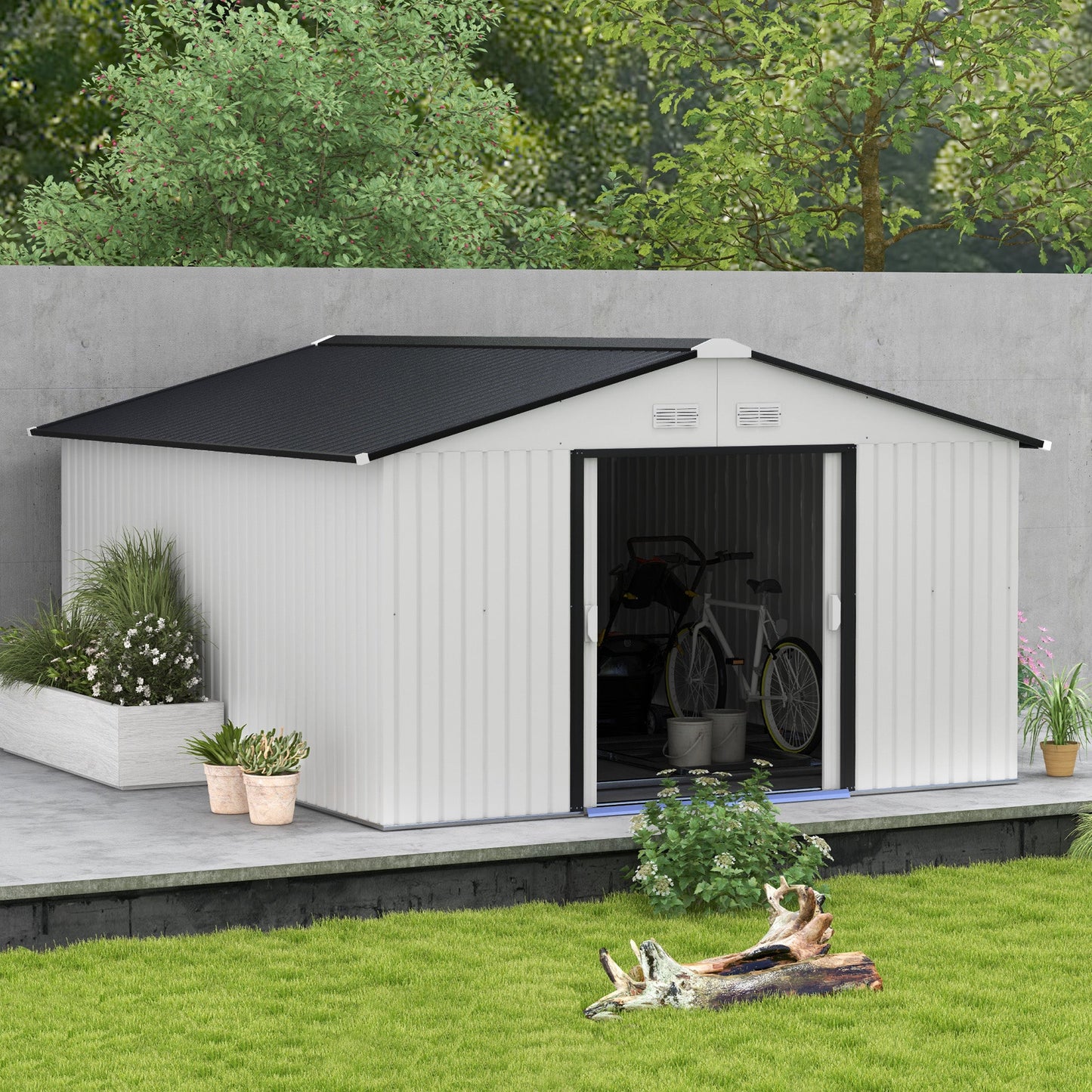 11' x 13' Garden Storage Shed with Foundation Kit, Metal Tool Storage House with Double Doors for Outdoor Patio Yard, White