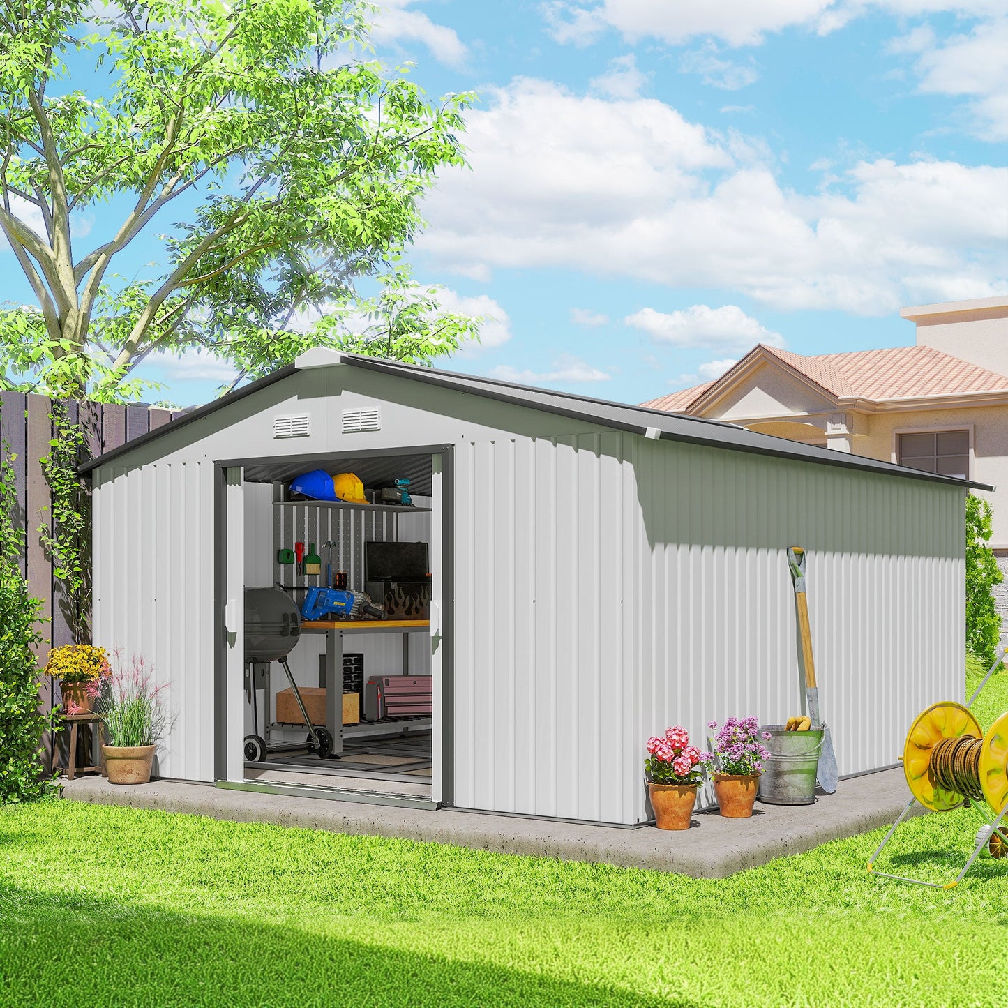 11' x 13' Garden Storage Shed with Foundation Kit, Metal Tool Storage House with Double Doors for Outdoor Patio Yard, White