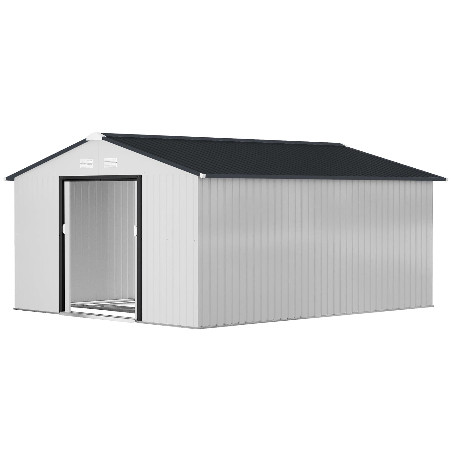 11' x 13' Garden Storage Shed with Foundation Kit, Metal Tool Storage House with Double Doors for Outdoor Patio Yard, White