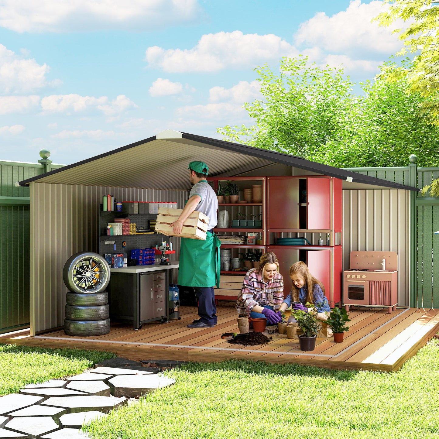 11' x 13' Garden Storage Shed with Foundation Kit, Metal Tool Storage House with Double Doors for Outdoor Patio Yard, White