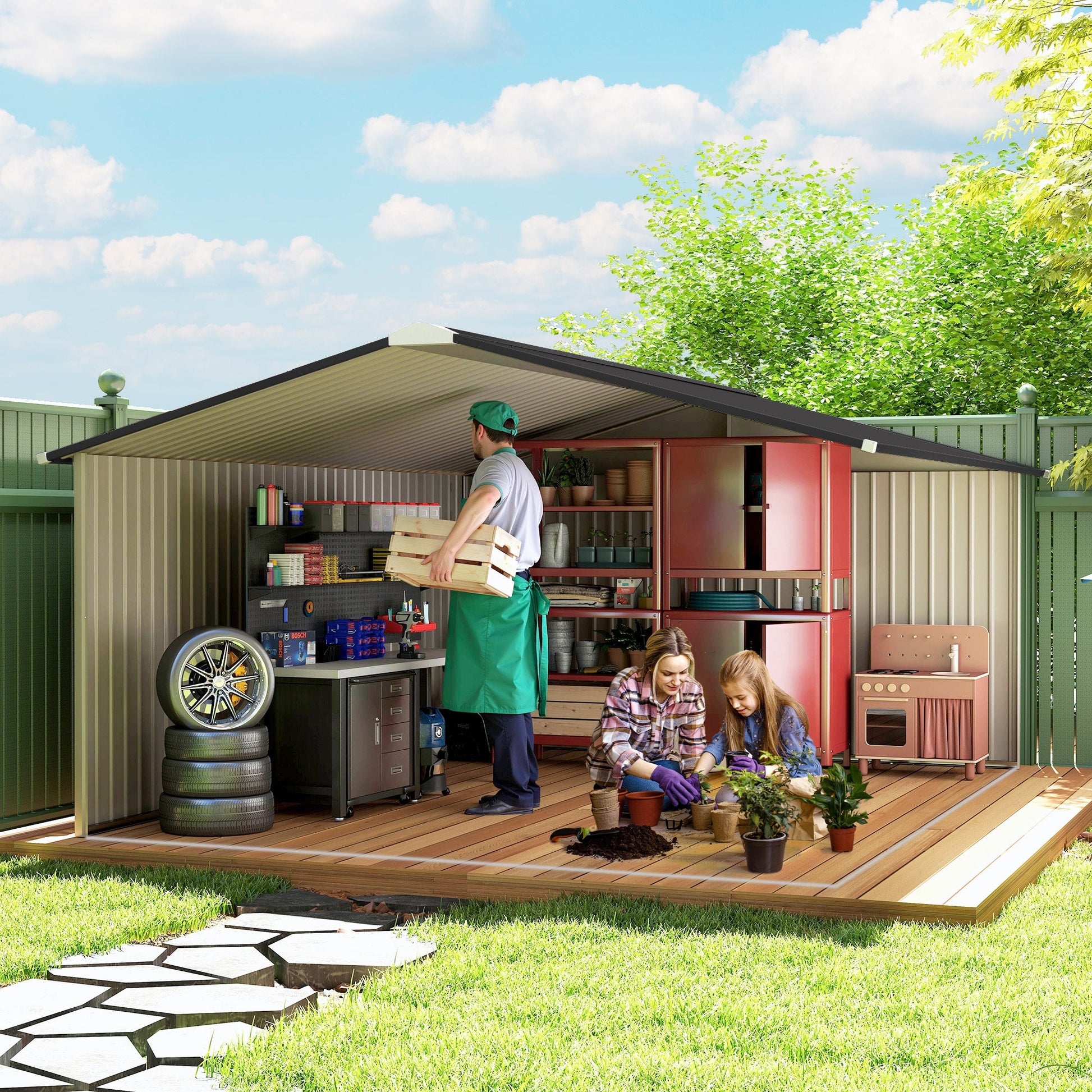 11' x 13' Garden Storage Shed with Foundation Kit, Metal Tool Storage House with Double Doors for Outdoor Patio Yard, White