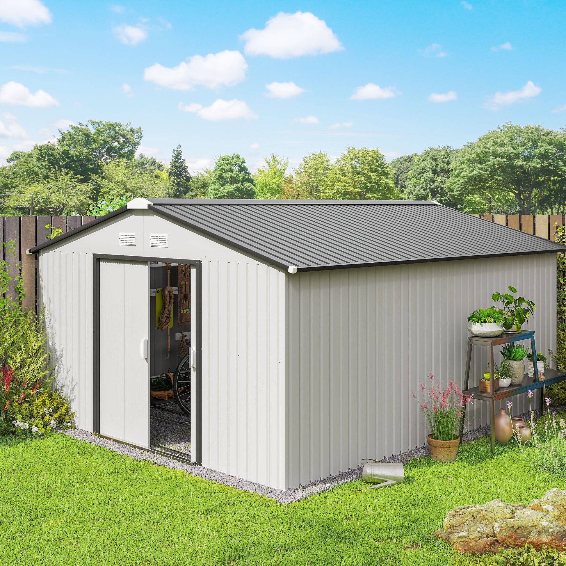 11' x 13' Garden Storage Shed with Foundation Kit, Metal Tool Storage House with Double Doors for Outdoor Patio Yard, White