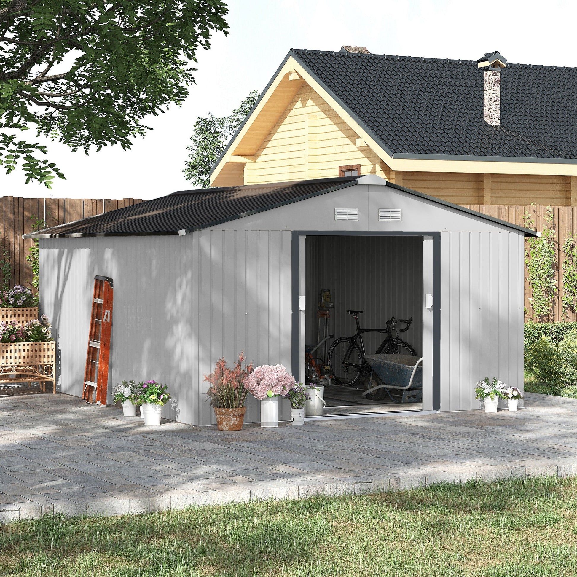 11' x 13' Garden Storage Shed with Foundation Kit, Metal Tool Storage House with Double Doors for Outdoor Patio Yard, White