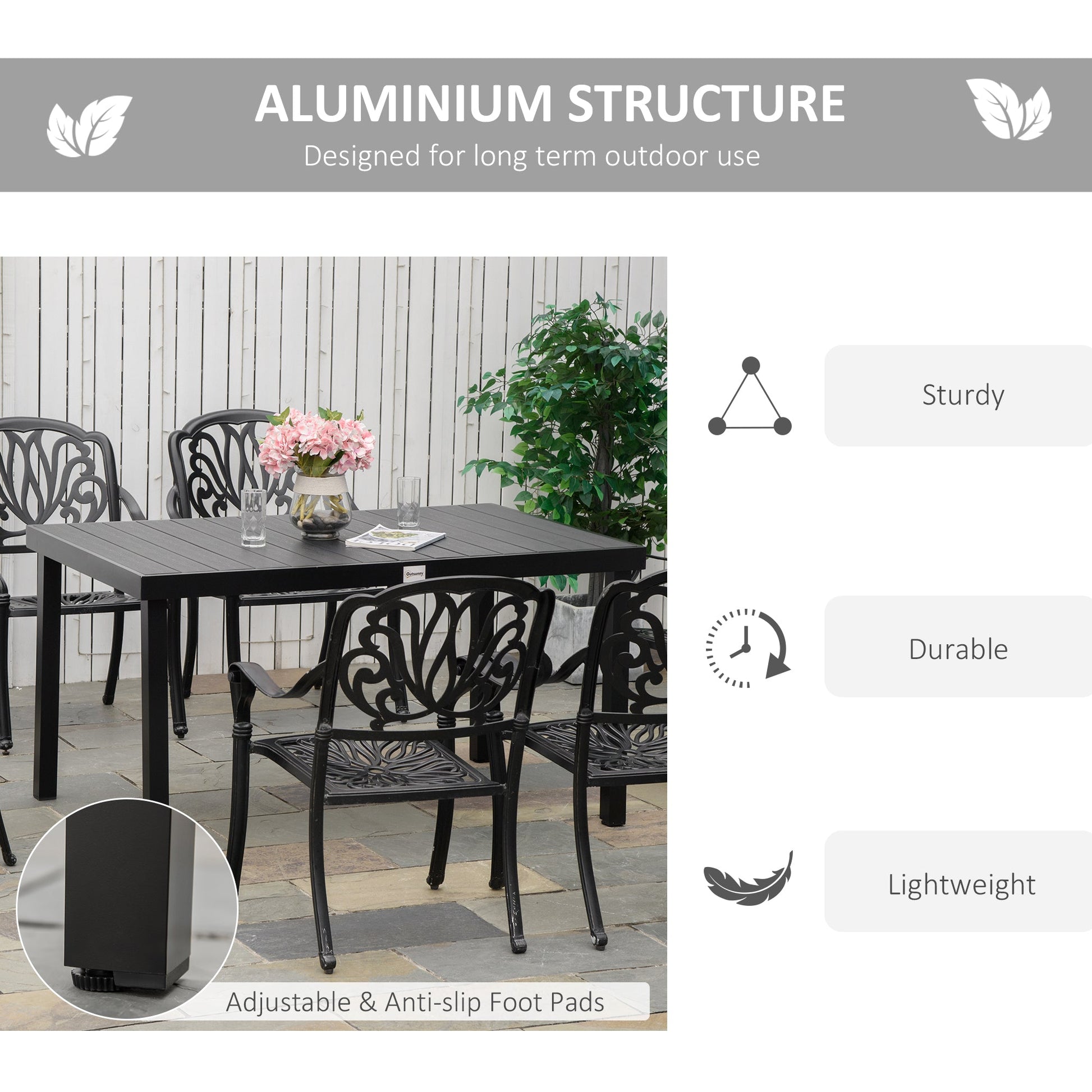 55" L x 35.5" W x 29.25" H Patio Dining Table for 6, Rectangular Aluminum Outdoor Table for Garden Lawn Backyard, Black