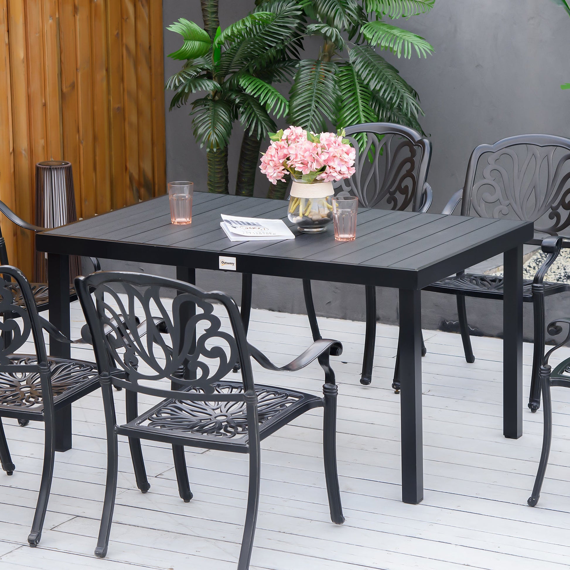 55" L x 35.5" W x 29.25" H Patio Dining Table for 6, Rectangular Aluminum Outdoor Table for Garden Lawn Backyard, Black