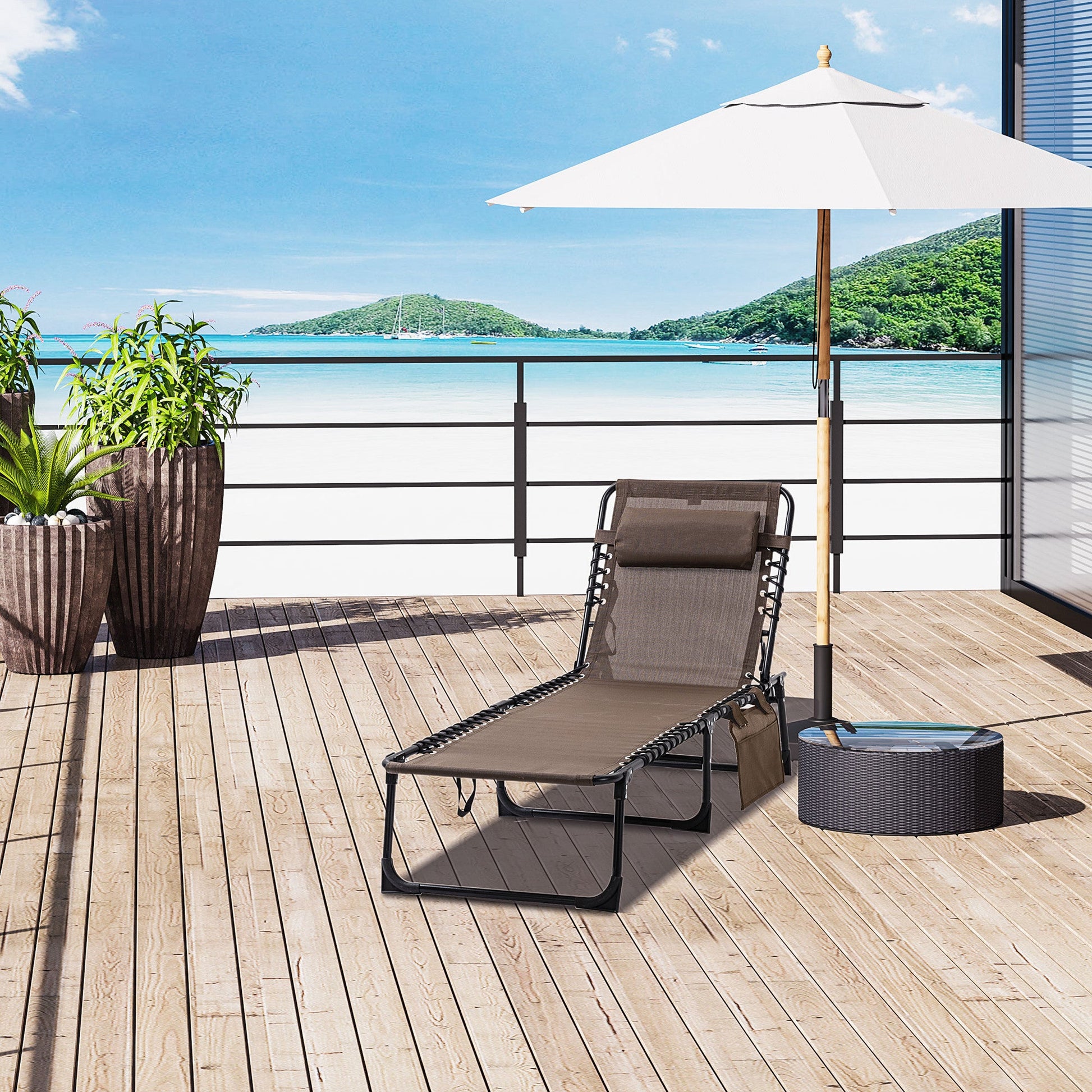 Folding Lounge Chair, Reclining Tanning Chair, Portable Sun Lounger with Adjustable Backrest and Removable Pillow for Patio, Garden, Beach, Brown