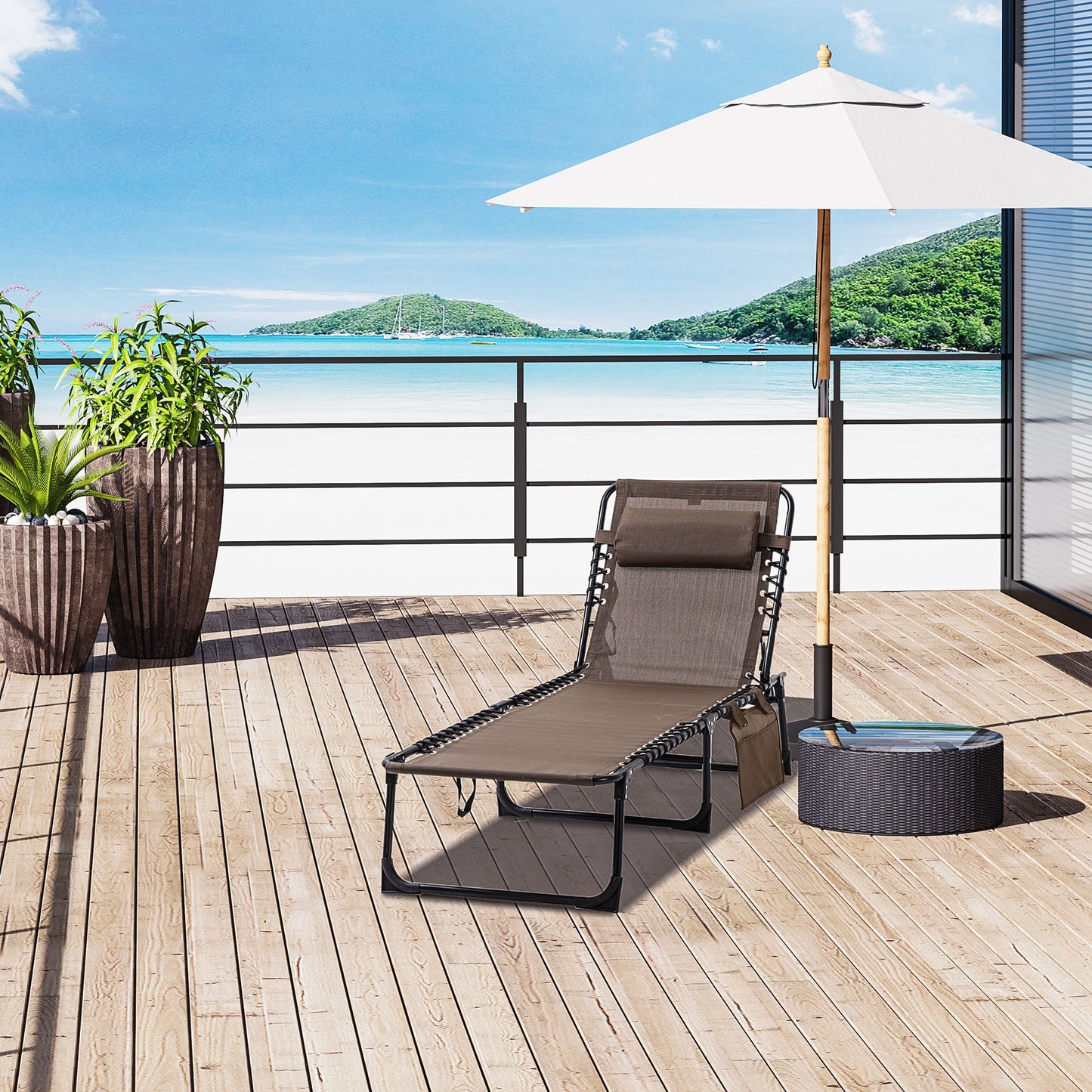 Folding Lounge Chair, Reclining Tanning Chair, Portable Sun Lounger with Adjustable Backrest and Removable Pillow for Patio, Garden, Beach, Brown