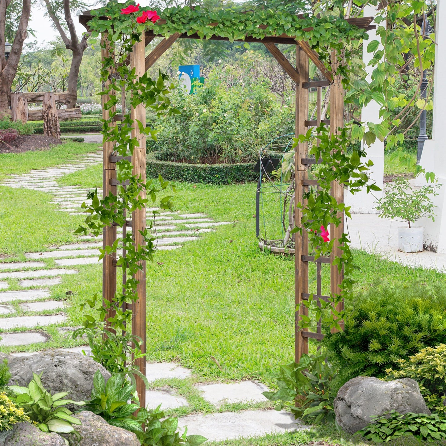 85" Wooden Garden Arbour for Wedding and Ceremony, Outdoor Garden Arch Trellis for Climbing Vines, Carbonized