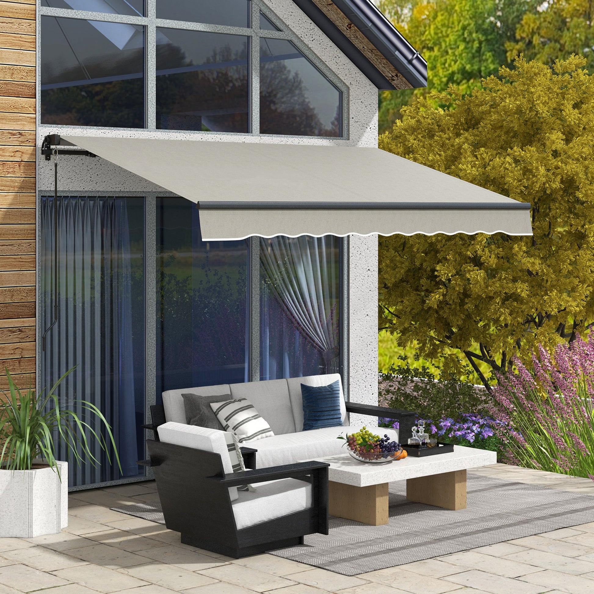  10' x 8' Retractable Awning, Patio Awning Sunshade Shelter with Manual Crank Handle, 280gsm UV Resistant Fabric and Aluminum Frame, for Balcony, Yard, Light Grey