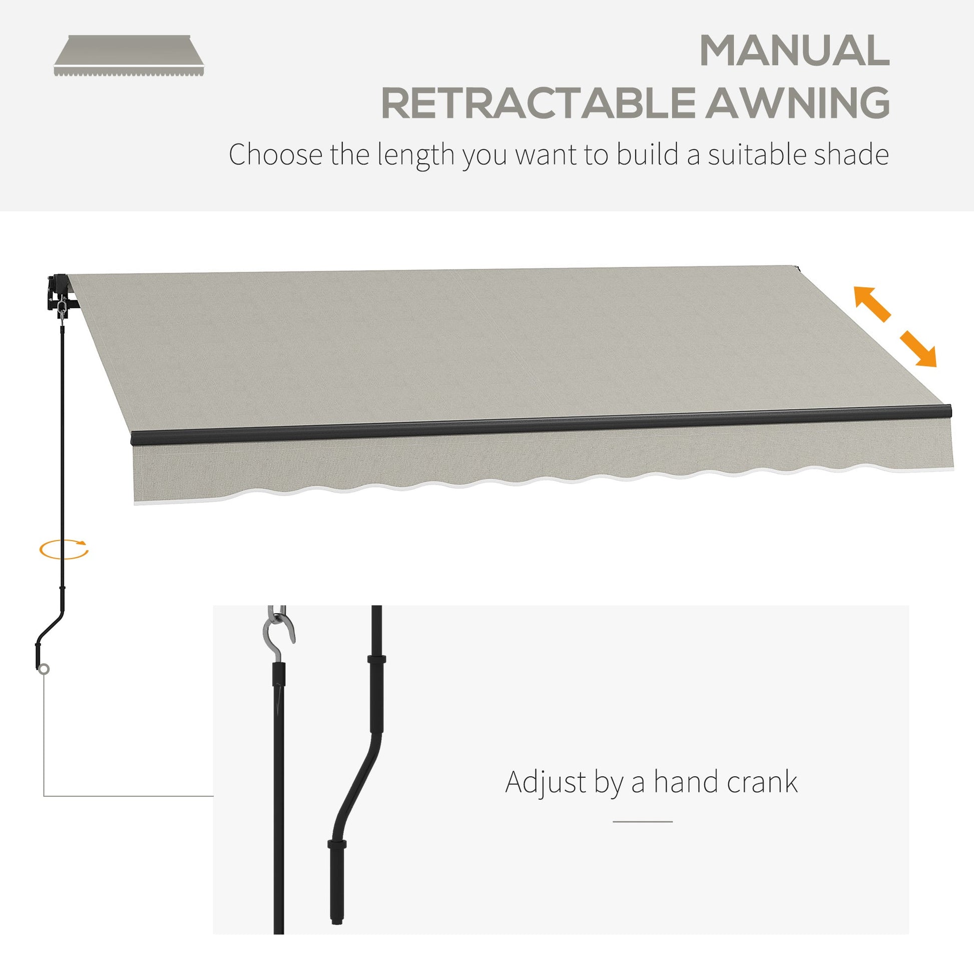  10' x 8' Retractable Awning, Patio Awning Sunshade Shelter with Manual Crank Handle, 280gsm UV Resistant Fabric and Aluminum Frame, for Balcony, Yard, Light Grey