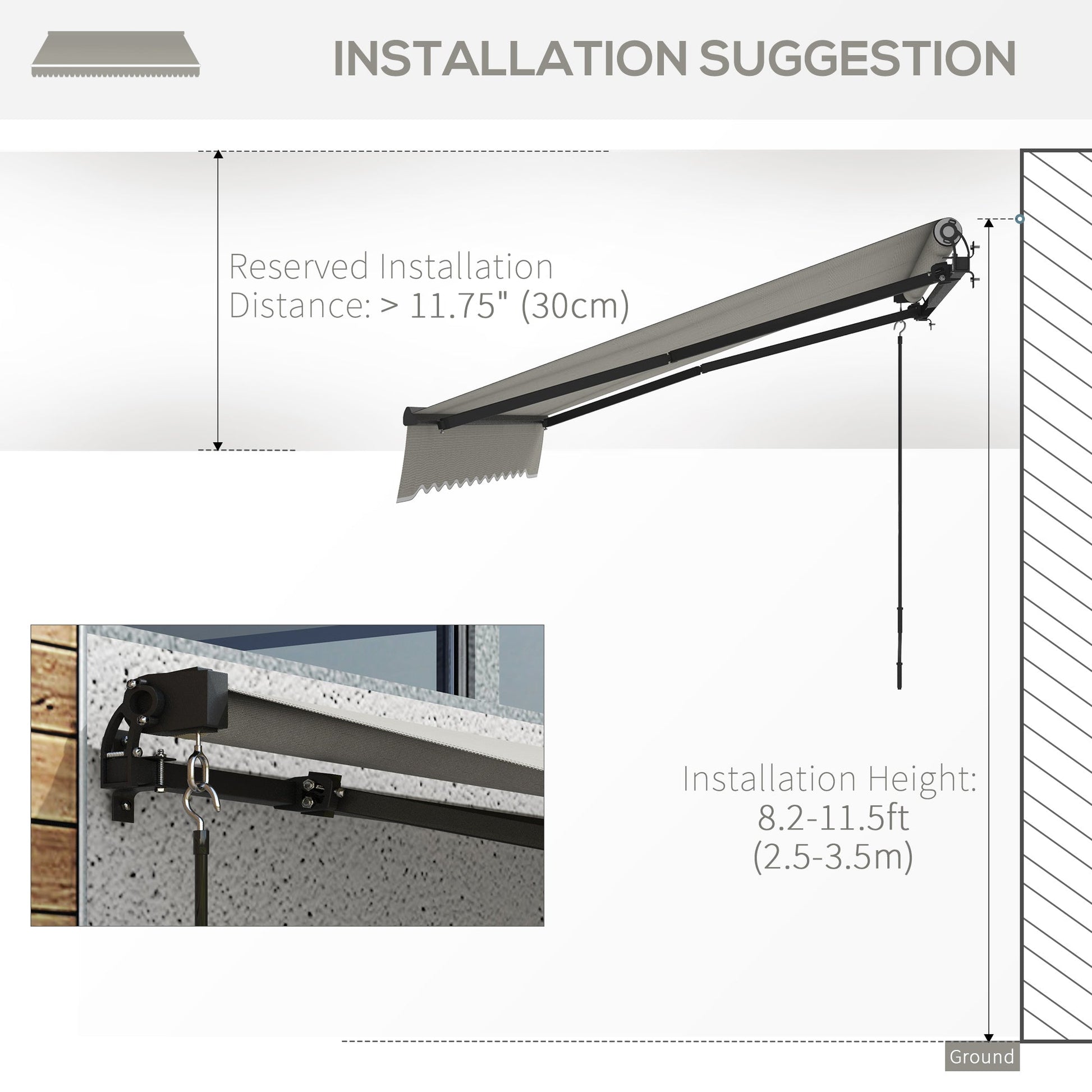  10' x 8' Retractable Awning, Patio Awning Sunshade Shelter with Manual Crank Handle, 280gsm UV Resistant Fabric and Aluminum Frame, for Balcony, Yard, Light Grey