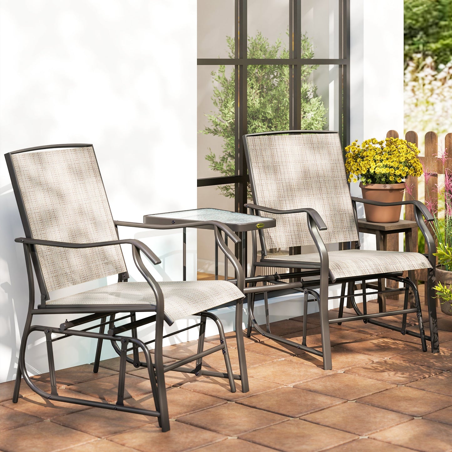 Double Patio Glider Chair with Glass Top Center Table, Outdoor Glider Loveseat with High Back,  All Weather Breathable Mesh Fabric for Garden, Backyard, Deck, Light Brown