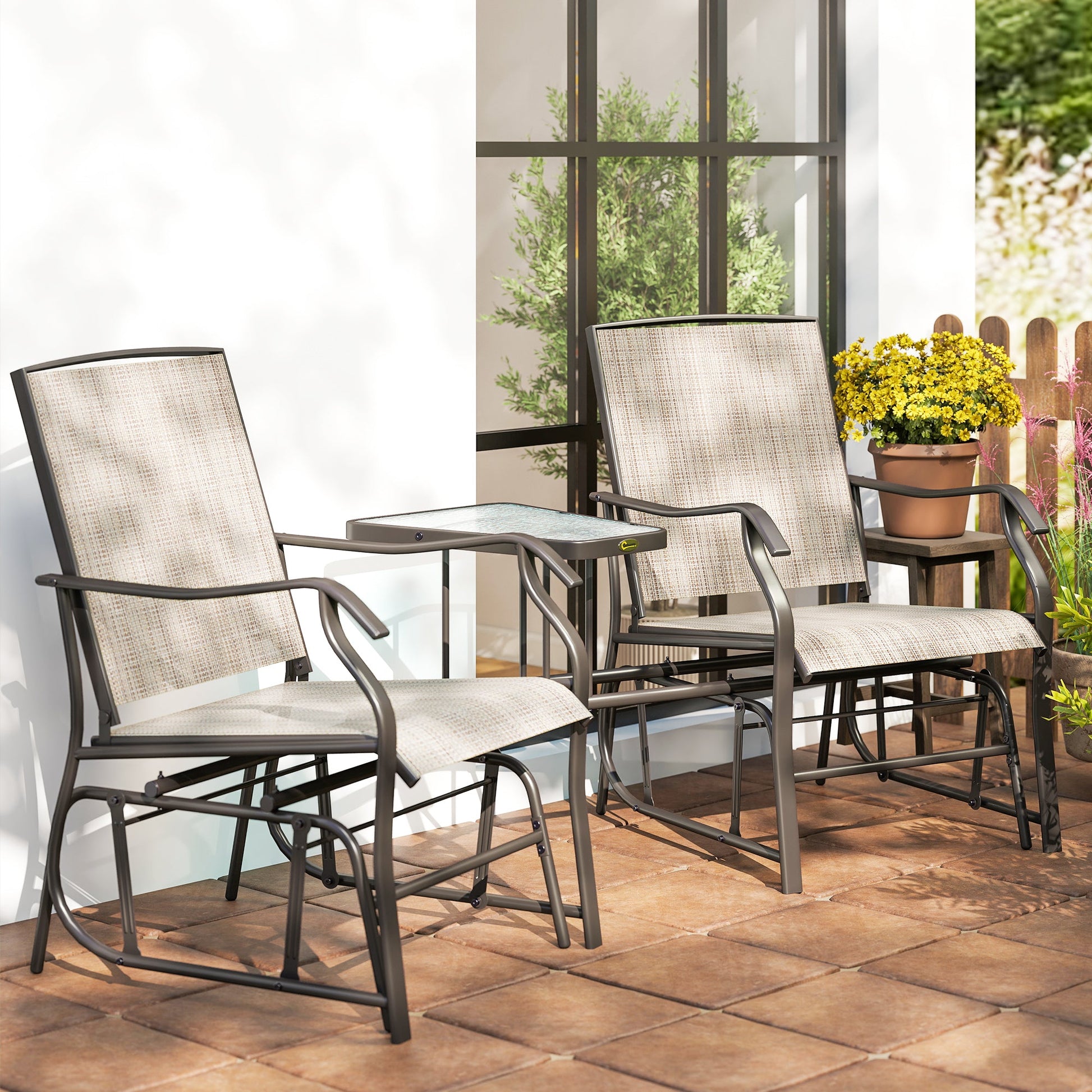 Double Patio Glider Chair with Glass Top Center Table, Outdoor Glider Loveseat with High Back,  All Weather Breathable Mesh Fabric for Garden, Backyard, Deck, Light Brown