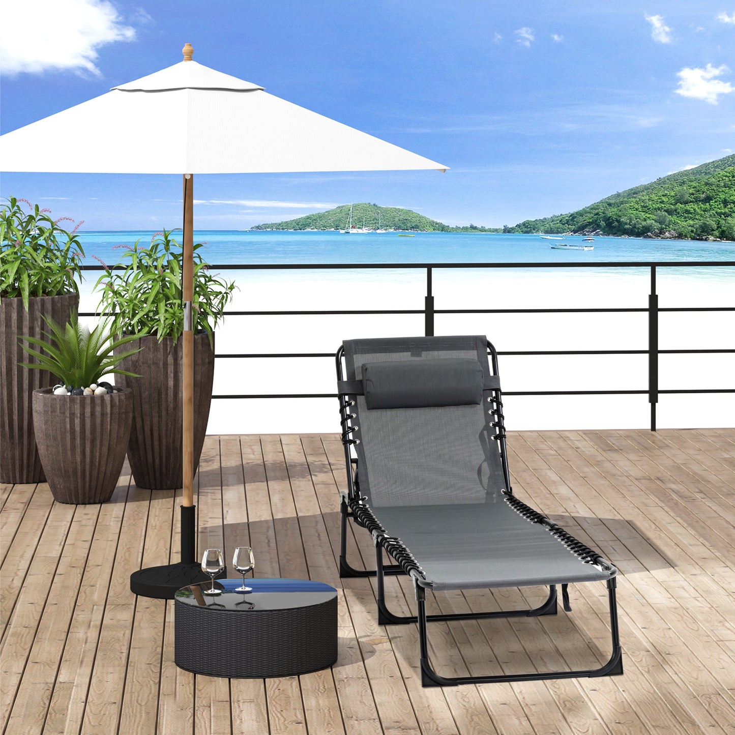 Folding Lounge Chair, Reclining Tanning Chair, Portable Sun Lounger with Adjustable Backrest and Removable Pillow for Patio, Garden, Beach, Grey