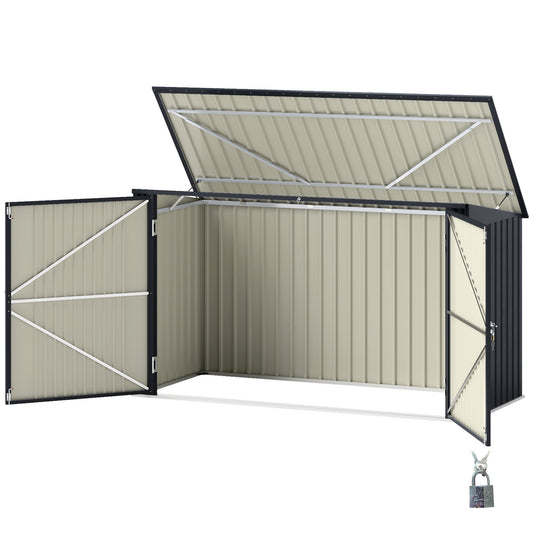 Garbage Bin Shed for 3 Trash Cans, Outdoor Trash Can Storage Shed, Horizontal Outdoor Storage Shed with Lockable Double Doors and Openable Lid