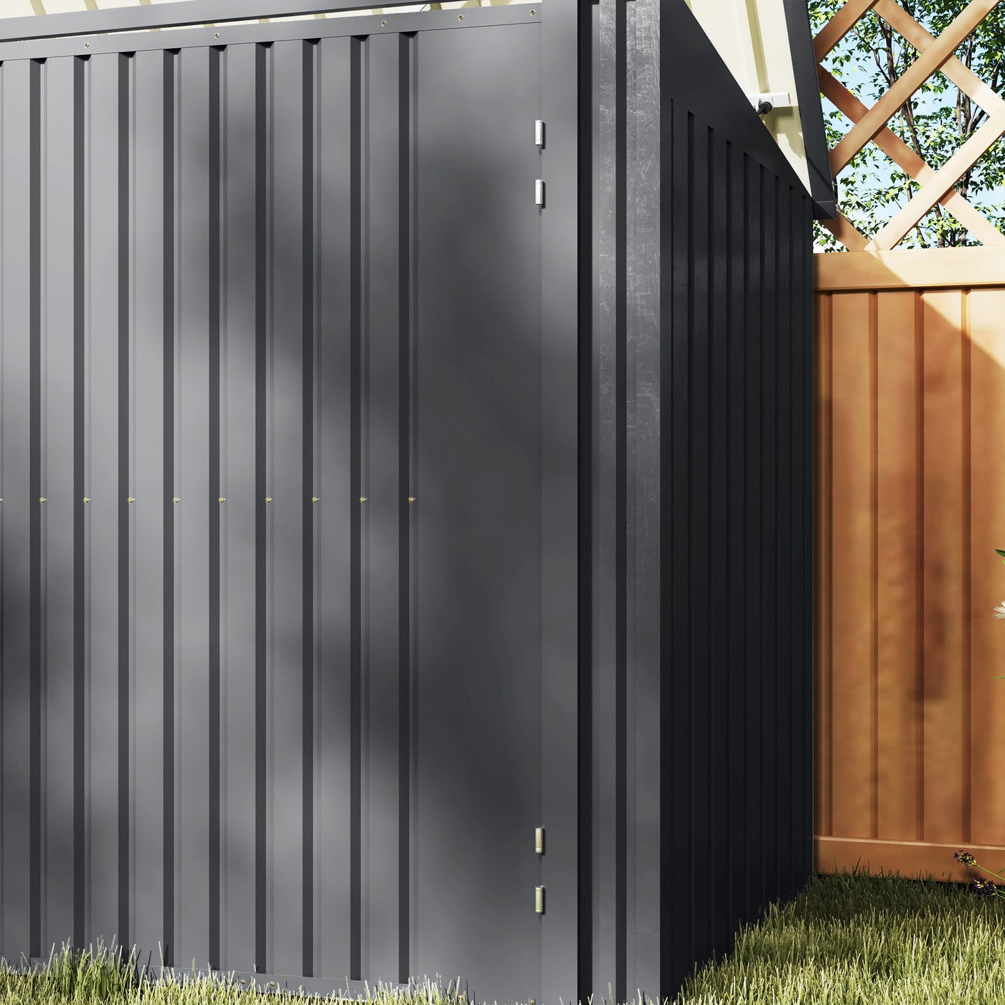 Garbage Bin Shed for 3 Trash Cans, Outdoor Trash Can Storage Shed, Horizontal Outdoor Storage Shed with Lockable Double Doors and Openable Lid
