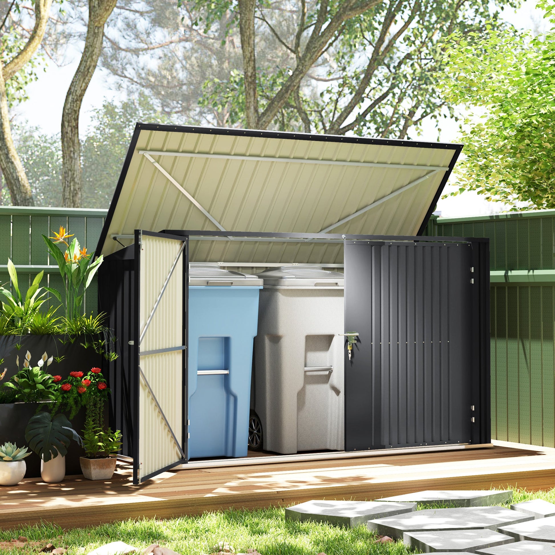 7.6 x 3.4ft Garbage Bin Shed for 3 Trash Cans, Outdoor Trash Can Storage Shed, Horizontal Outdoor Storage Shed with Lockable Double Doors and Openable Lid