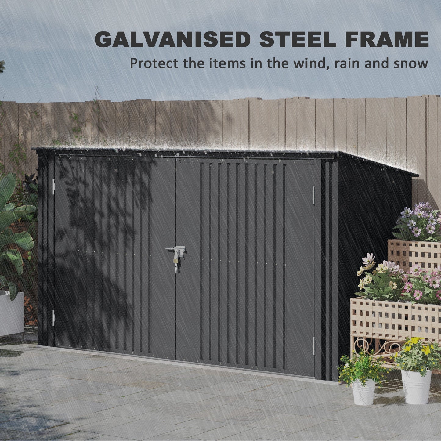 Garbage Bin Shed for 3 Trash Cans, Outdoor Trash Can Storage Shed, Horizontal Outdoor Storage Shed with Lockable Double Doors and Openable Lid