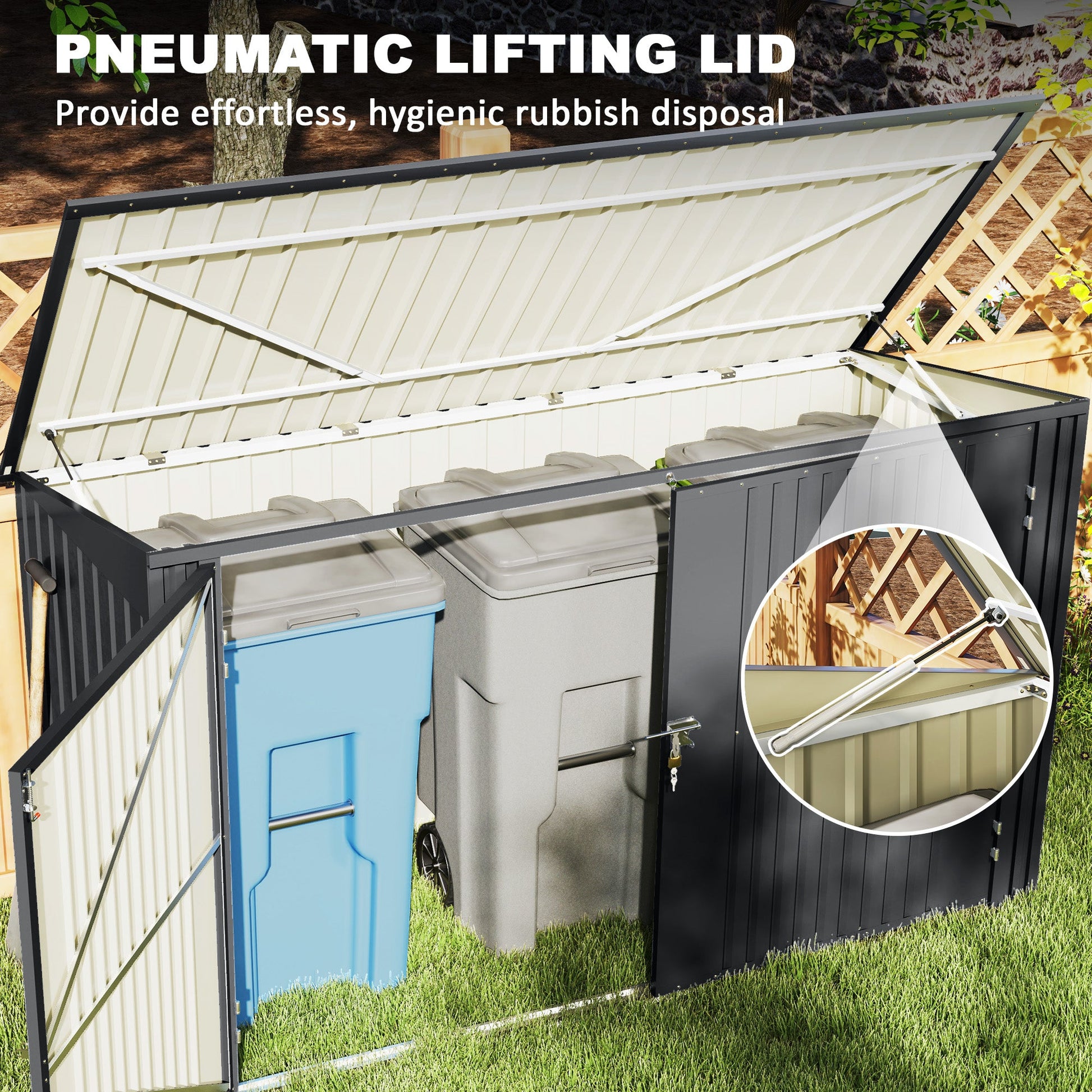 Garbage Bin Shed for 3 Trash Cans, Outdoor Trash Can Storage Shed, Horizontal Outdoor Storage Shed with Lockable Double Doors and Openable Lid