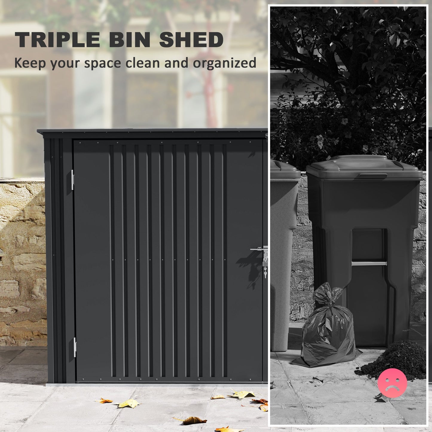 Garbage Bin Shed for 3 Trash Cans, Outdoor Trash Can Storage Shed, Horizontal Outdoor Storage Shed with Lockable Double Doors and Openable Lid