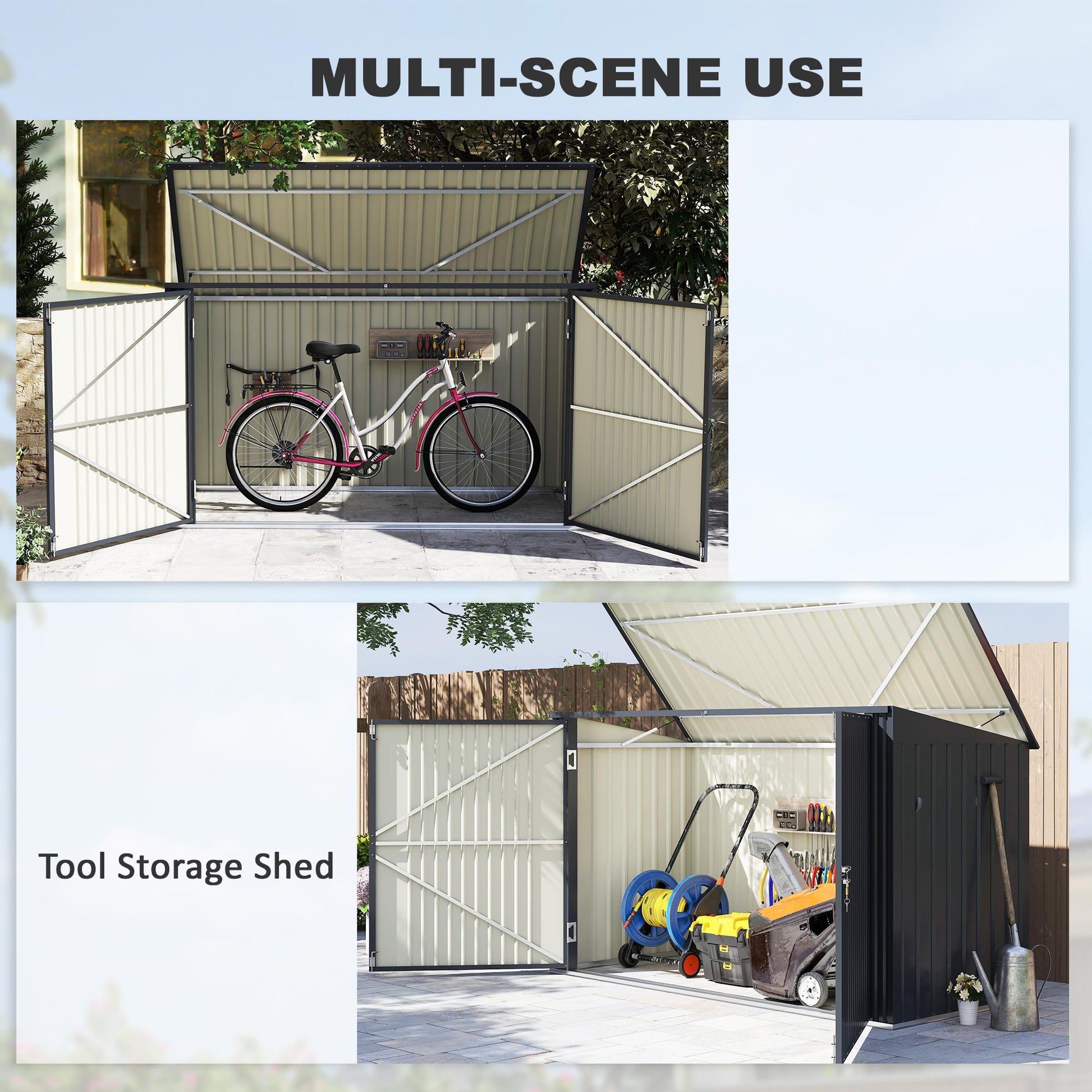 7.6 x 3.4ft Garbage Bin Shed for 3 Trash Cans, Outdoor Trash Can Storage Shed, Horizontal Outdoor Storage Shed with Lockable Double Doors and Openable Lid