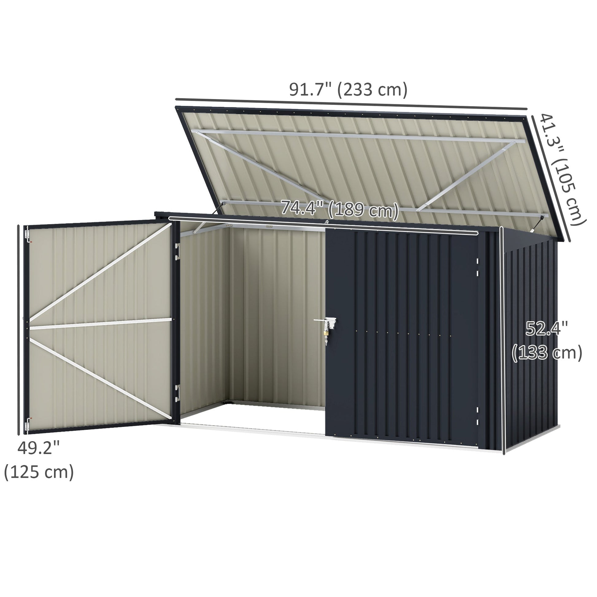 Garbage Bin Shed for 3 Trash Cans, Outdoor Trash Can Storage Shed, Horizontal Outdoor Storage Shed with Lockable Double Doors and Openable Lid