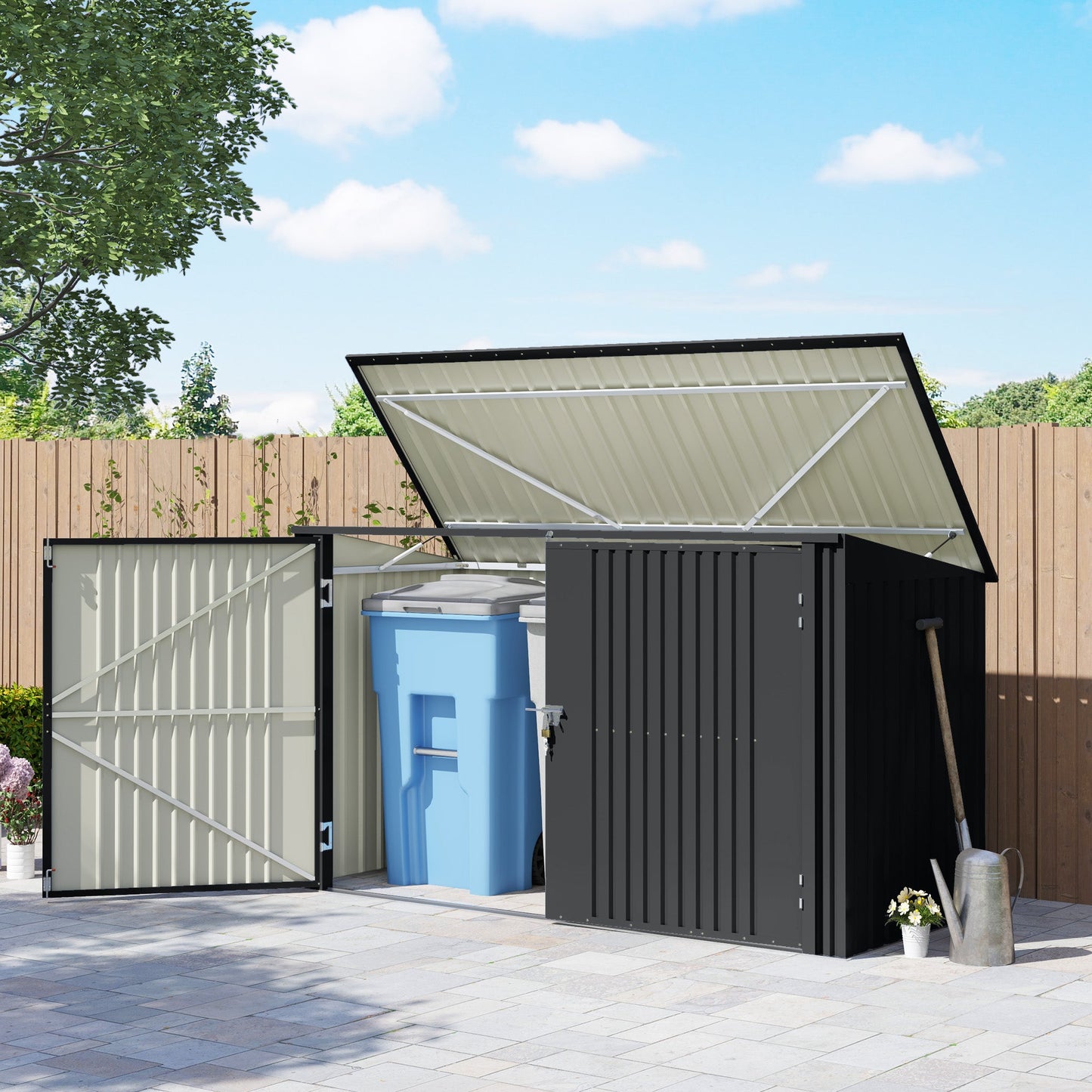 Garbage Bin Shed for 3 Trash Cans, Outdoor Trash Can Storage Shed, Horizontal Outdoor Storage Shed with Lockable Double Doors and Openable Lid