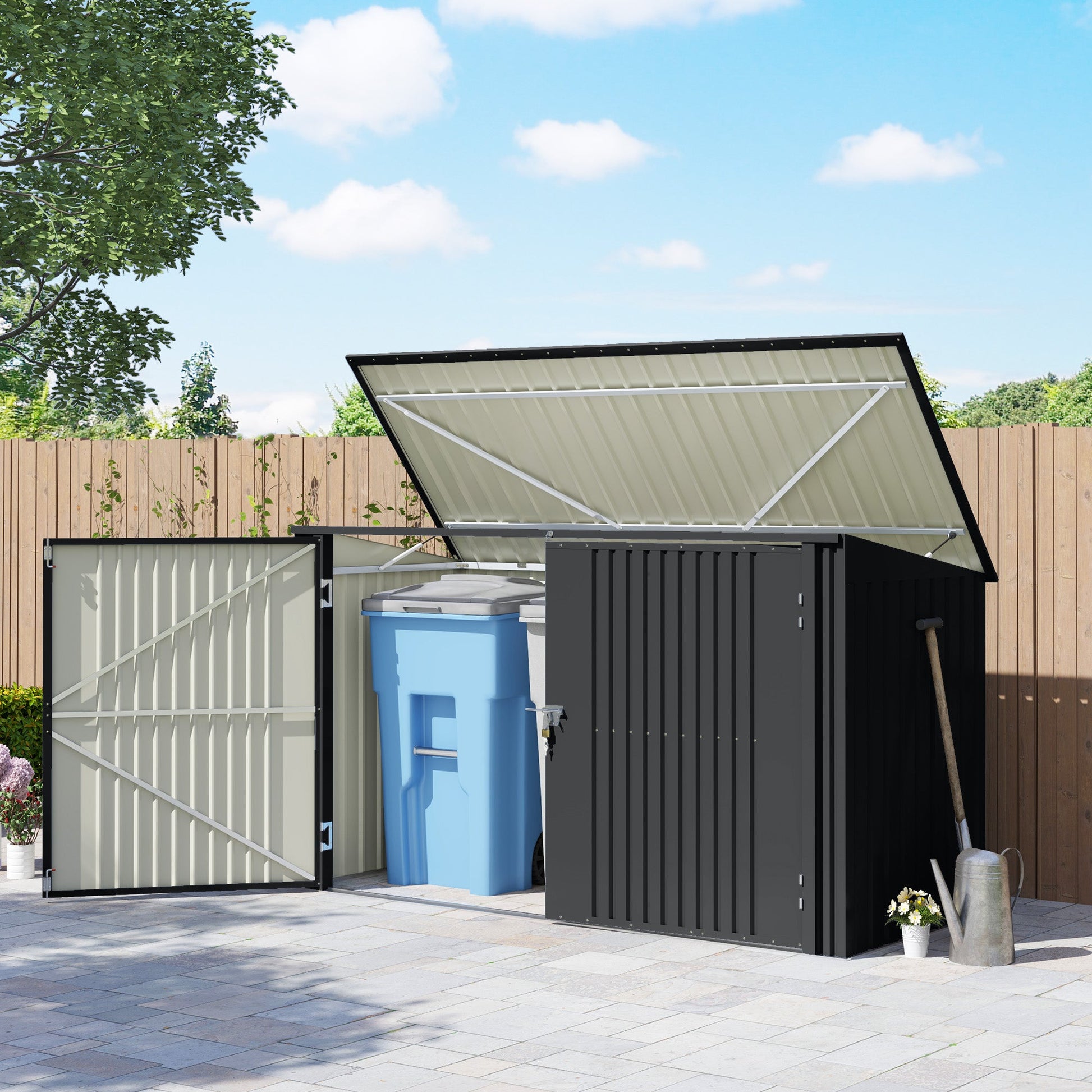 7.6 x 3.4ft Garbage Bin Shed for 3 Trash Cans, Outdoor Trash Can Storage Shed, Horizontal Outdoor Storage Shed with Lockable Double Doors and Openable Lid