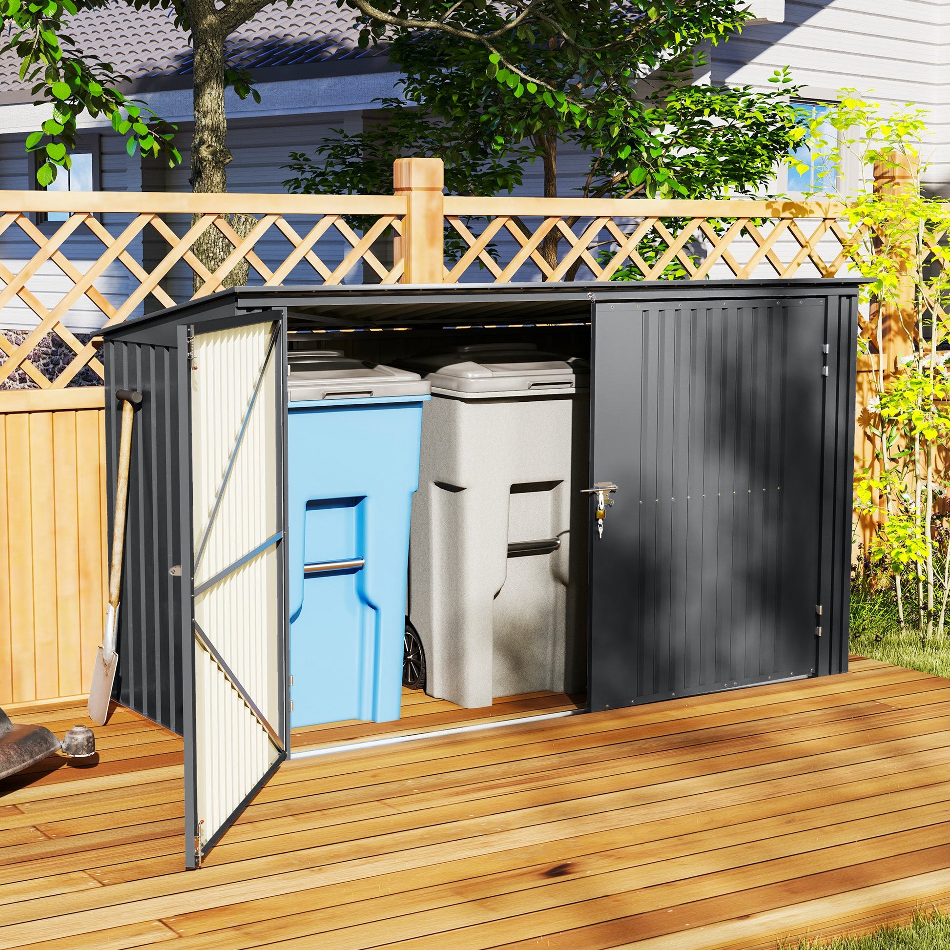 7.6 x 3.4ft Garbage Bin Shed for 3 Trash Cans, Outdoor Trash Can Storage Shed, Horizontal Outdoor Storage Shed with Lockable Double Doors and Openable Lid