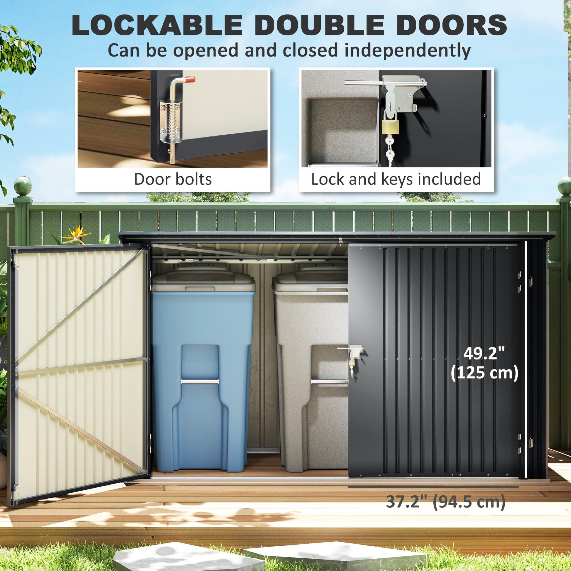Garbage Bin Shed for 3 Trash Cans, Outdoor Trash Can Storage Shed, Horizontal Outdoor Storage Shed with Lockable Double Doors and Openable Lid