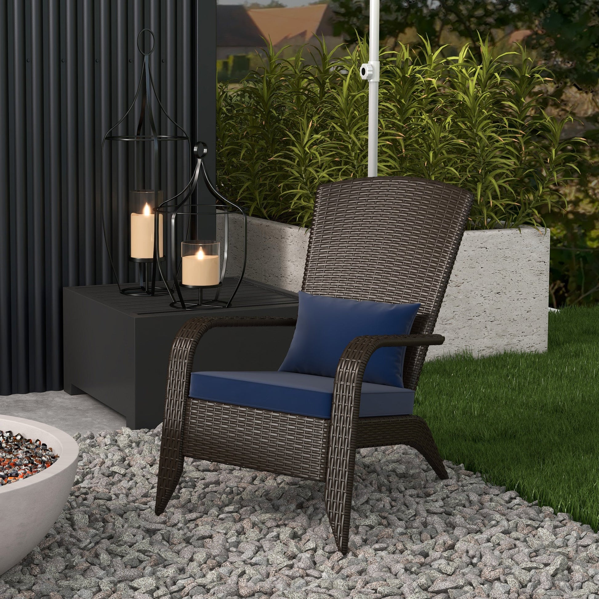 Patio Wicker Adirondack Chair, PE Rattan Outdoor Muskoka Chair, Fire Pit Chair with Cushions for Patio, Garden, Backyard, Poolside, Balcony, Deck, Dark Blue