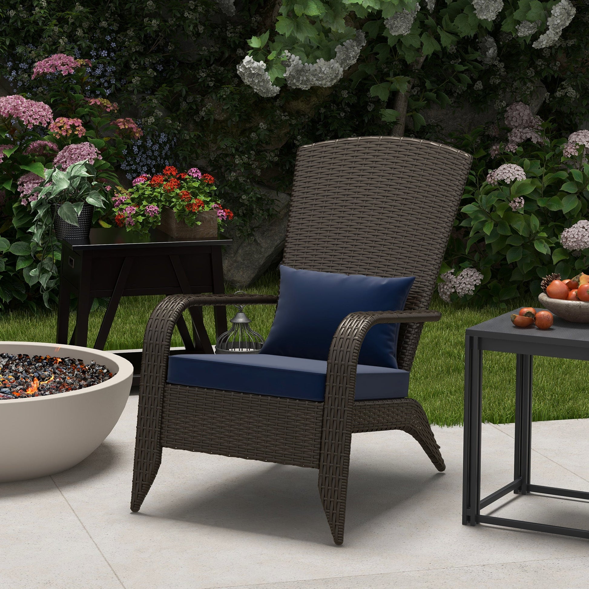 Patio Wicker Adirondack Chair, PE Rattan Outdoor Muskoka Chair, Fire Pit Chair with Cushions for Patio, Garden, Backyard, Poolside, Balcony, Deck, Dark Blue