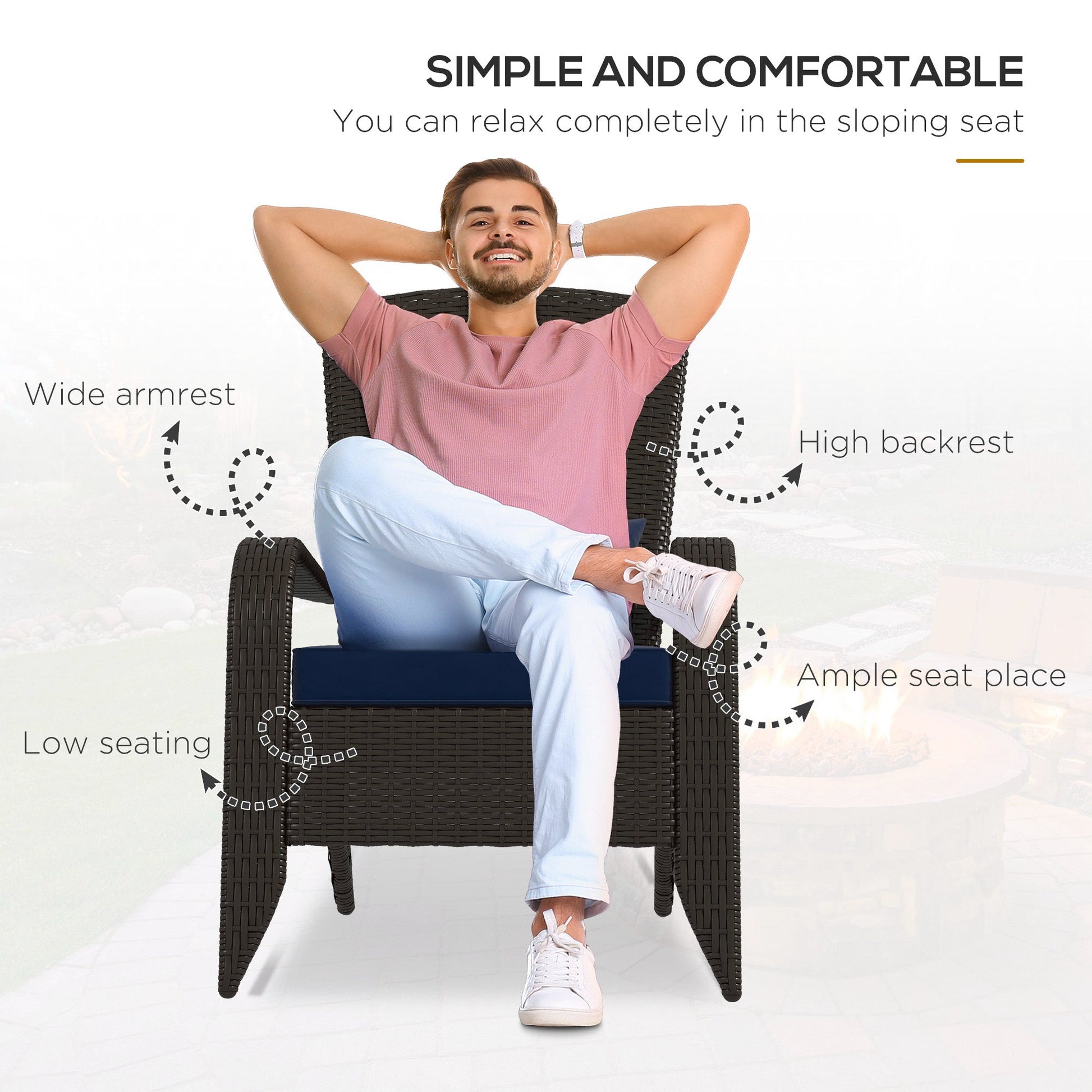 Patio Wicker Adirondack Chair, PE Rattan Outdoor Muskoka Chair, Fire Pit Chair with Cushions for Patio, Garden, Backyard, Poolside, Balcony, Deck, Dark Blue