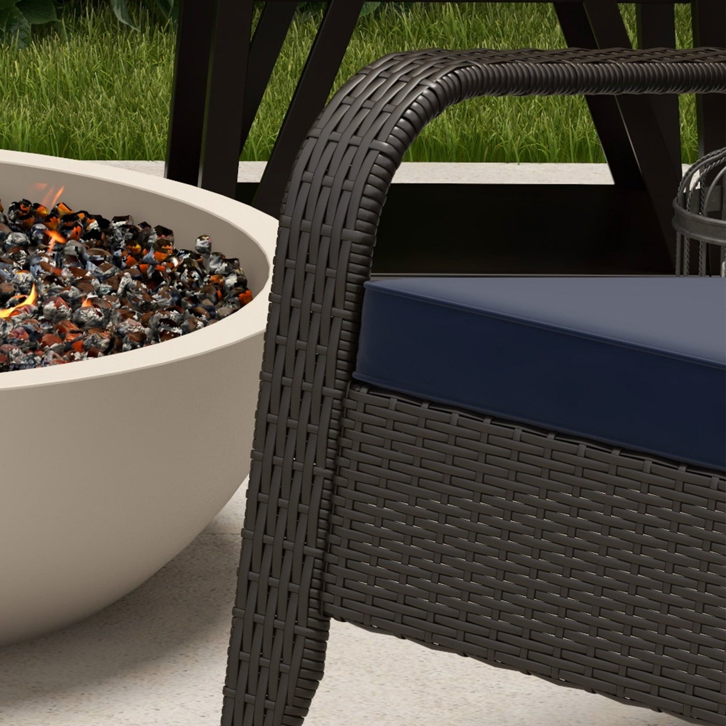 Patio Wicker Adirondack Chair, PE Rattan Outdoor Muskoka Chair, Fire Pit Chair with Cushions for Patio, Garden, Backyard, Poolside, Balcony, Deck, Dark Blue